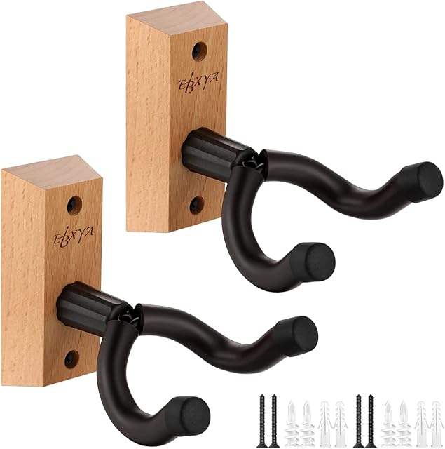 EBXYA Guitar Wall Mount, 2 Pack Guitar Wall Hangers, Hardwood Guitar Holder, Adjustable Guitar Hook & Screws, Electric Guitar Wall Mount Acoustic Guitar Wall Hanger for Bass, Mandolin, Banjo