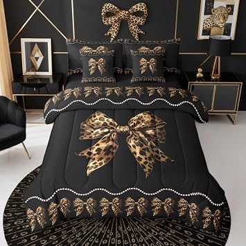 Leopard Print Bow Comforter Set with Sheets Cheetah African Animal Skin Print Bedding Sets Leopard Bowknot Modern Fashion All Season Bedroom Dorm Decor Lightweight Bed Set 7 Pcs Twin Size