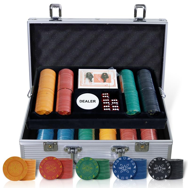 CCLIFE Set da Poker Chips Poker in plastica, 500 fiches con Stampa, Scatola Alluminio Argento