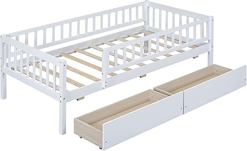 Miniatura 10 de Base de cama de tamaño matrimonial con barandillas de valla y cajones de almacenamiento, camas infantiles de madera estilo Montessori con soporte de
