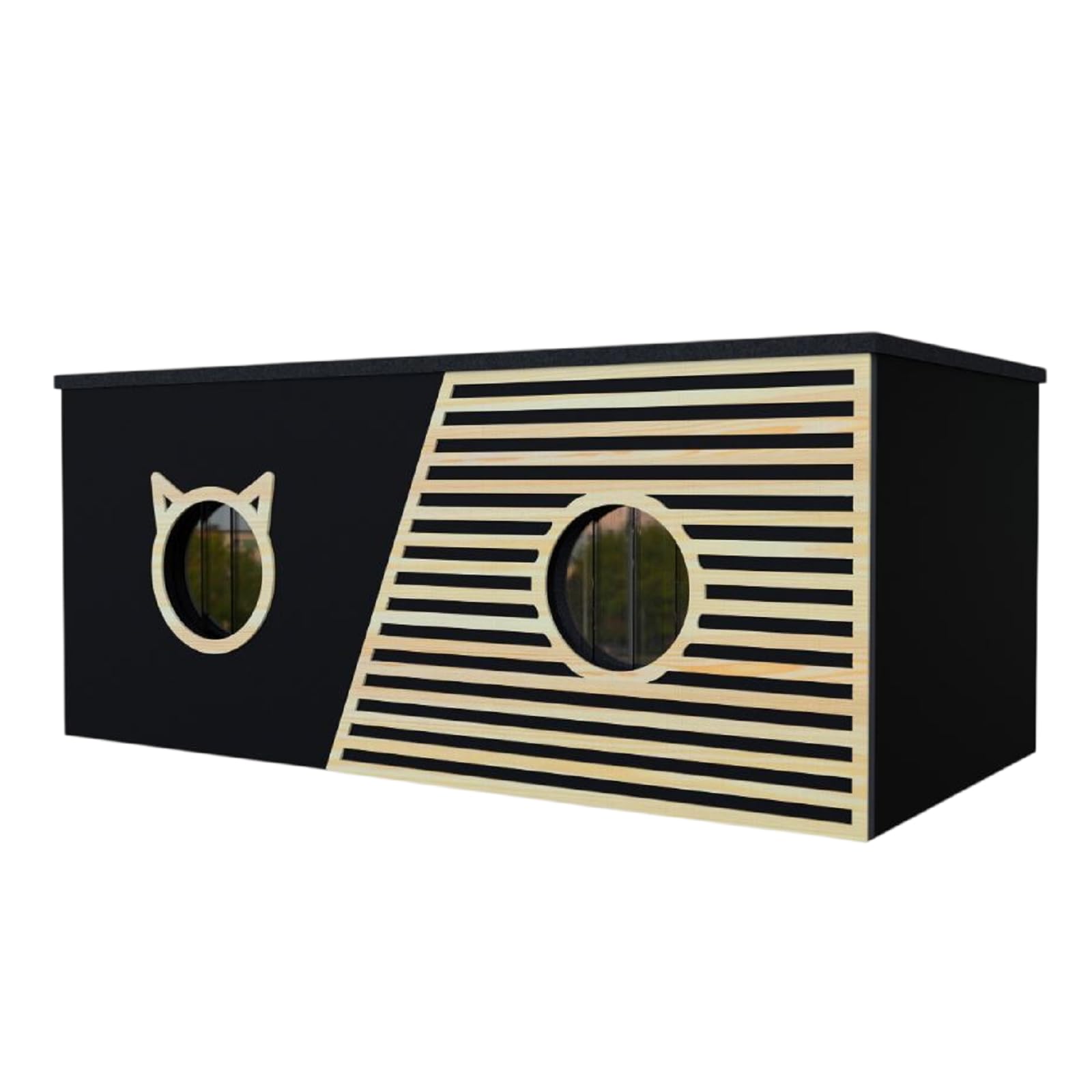 QLS Ocieplany domek XXL dla kota z zasłoną 85 x 45 cm czarny | Wymiary 85 x 45 x 37,5 cm, wejście Ø12,7 cm. Domek z zasłoną do użytku na zewnątrz