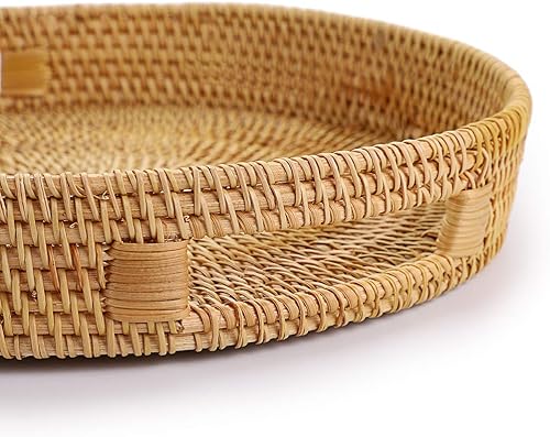 Miniatura 4 de Hipiwe Bandeja redonda de ratán con asas, bandeja organizadora decorativa tejida a mano para almacenamiento de bebidas de desayuno, aperitivos,