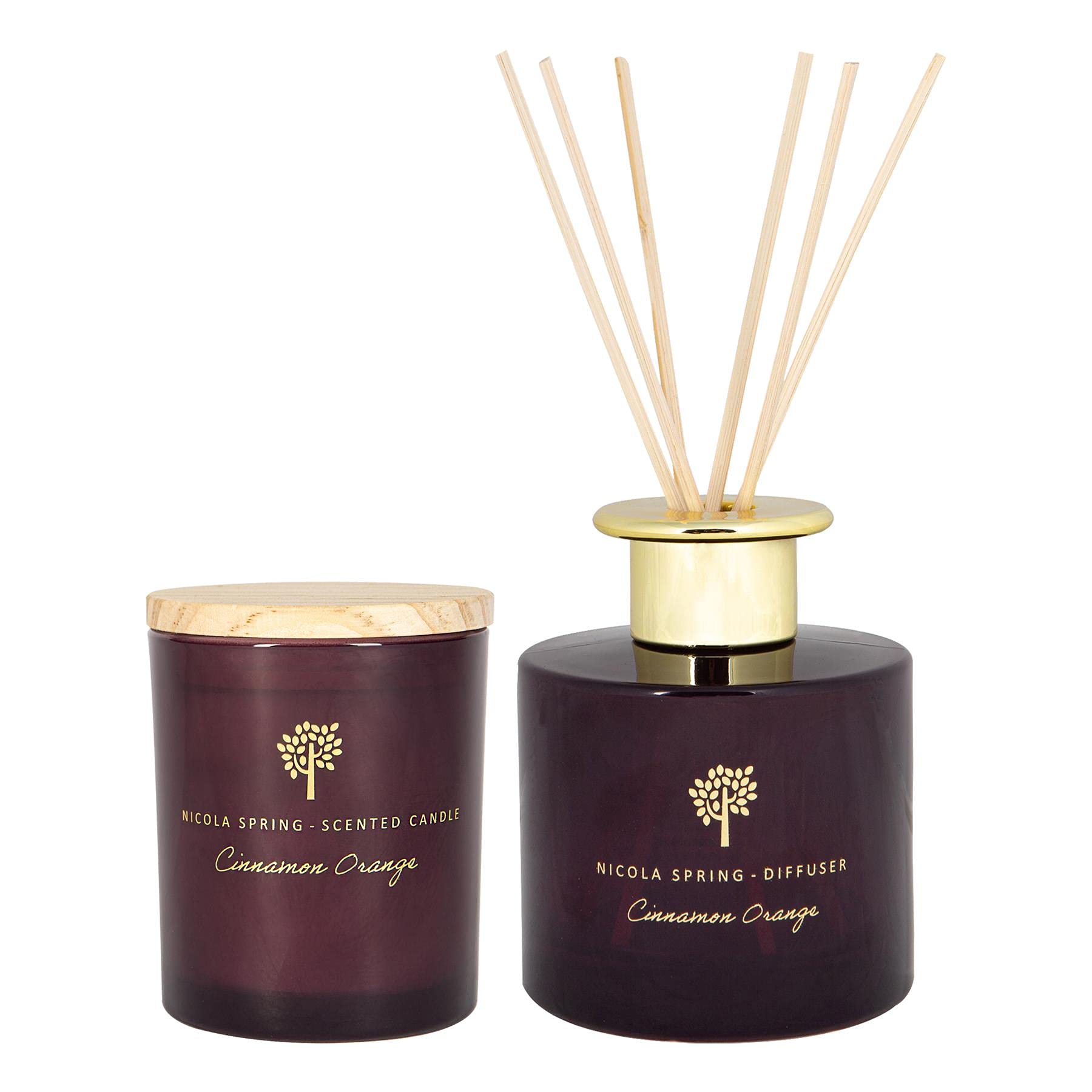 Nicola Spring Purple Cinnamon & Orange Scented Candle & Reed Diffuser Set - 130G Soy Wax Candle 21 Hour Burning Time Small Relaxing Fragrance Gift Set Aromatherapy 200Ml Fragrant Diffuser