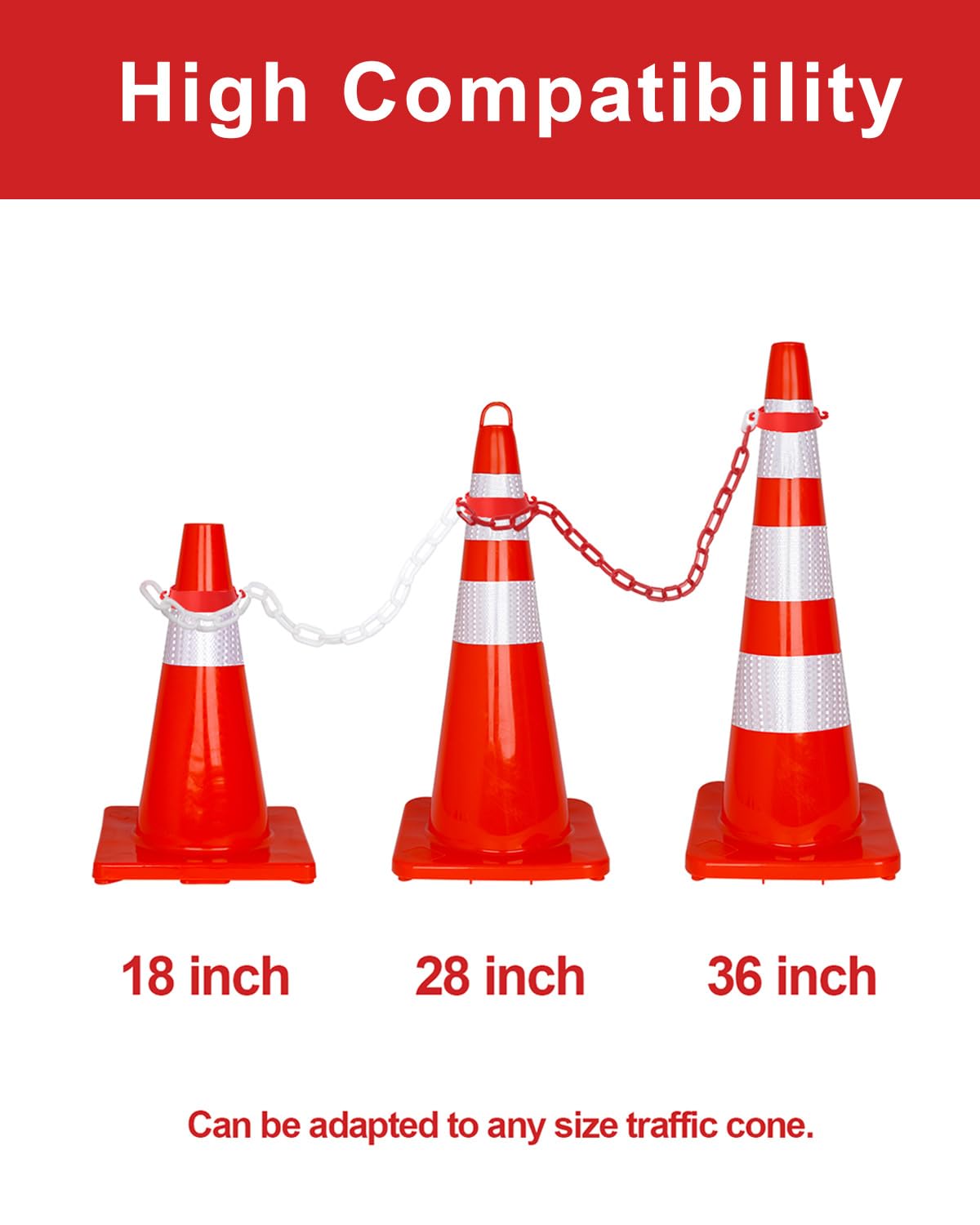 32 ft Plastic Traffic Chain Barrier Links - with 6pcs Traffic Cones Connector Kits for Traffic Cones