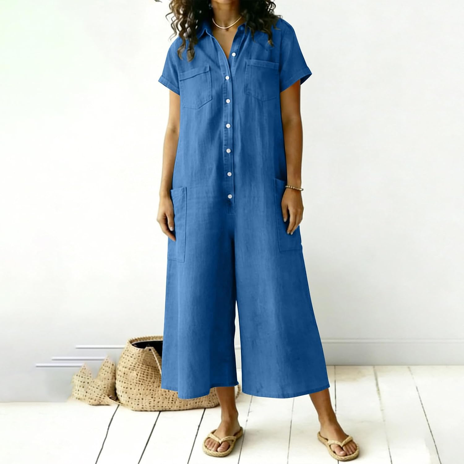 Short Sleeve Loose Fit Jumpsuit for Women, Cotton Linen Solid Long Pants, Casual Summer Romper for Daily Vacation