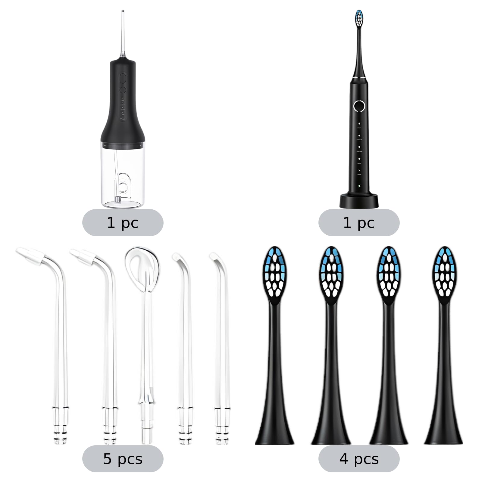 Spazzolino elettrico con irrigatore orale, 8 pezzi di ricambio, spazzolino elettrico sonico, kit di pulizia dei denti impermeabile IPX7 per viaggi e casa, 5 modalità per esigenze estetiche, base di