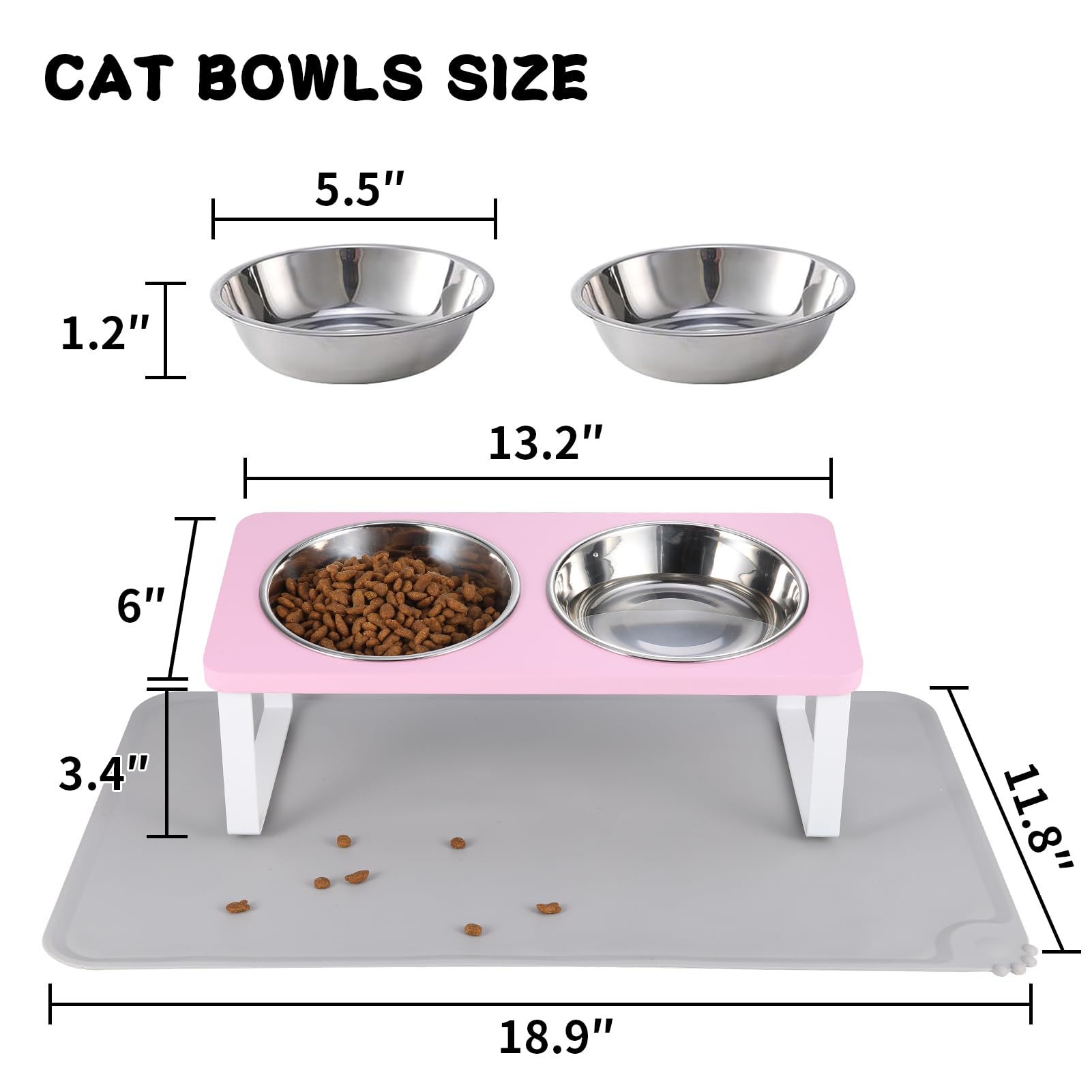 Upgraded Elevated Cat Bowls with Food Mat,15°Tilted Stand Anti Vomiting Raised Cat Dishes for Food and Water,2 Stainless Steel Bowls for Cats and Puppy（Pink）