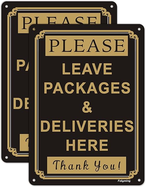 Folyming 2 Pack Please Leave Deliveries and Packages Here Thank You Signs, 10x 7 Inches Package Delivery Sign, Metal Reflective Sturdy Rust Aluminum Weather Resistant Waterproof Durable Ink