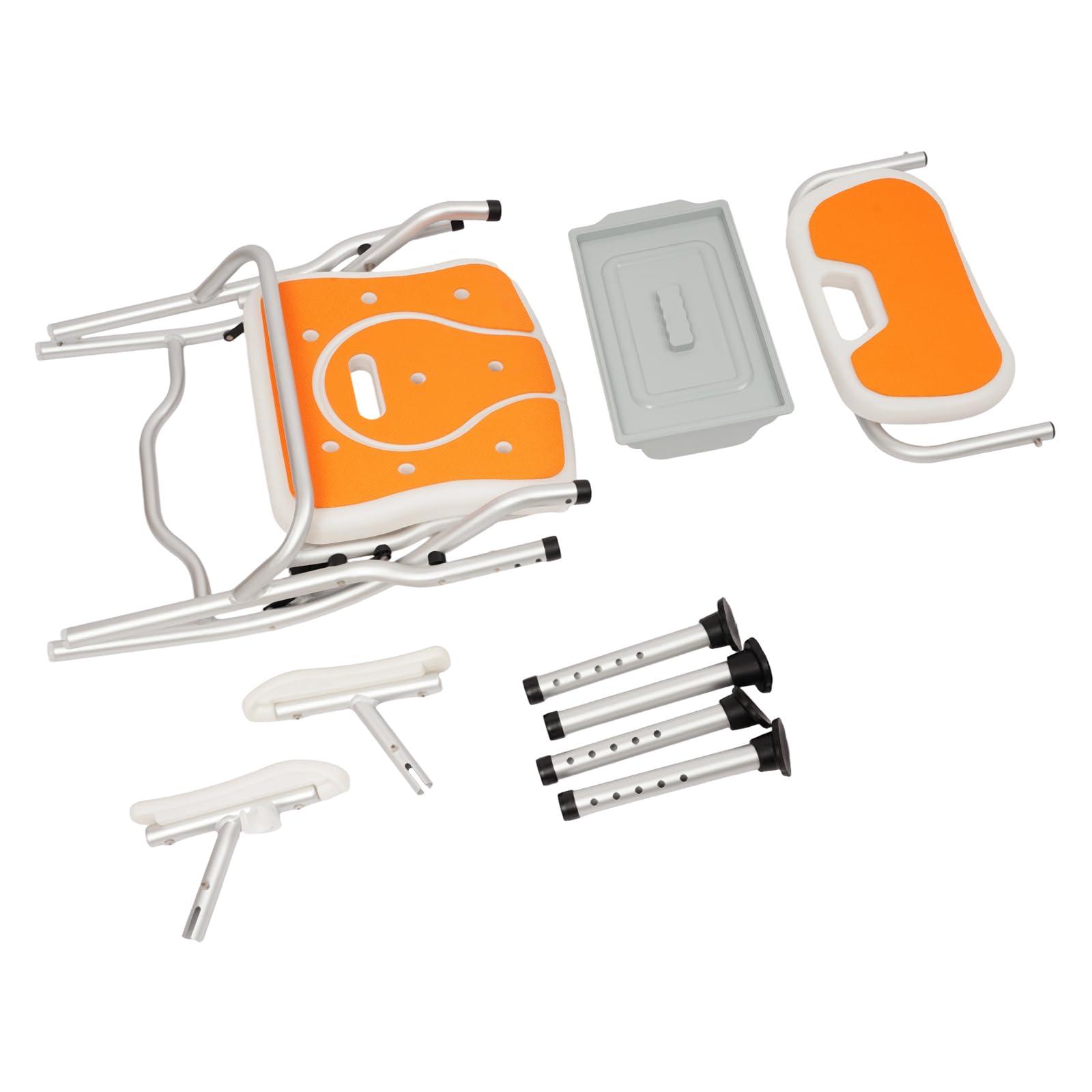 Sedie da doccia con braccioli e schienale, sedia pieghevole per WC e doccia con contenitore per urina, colore arancione, sgabello da bagno da 150 kg, altezza regolabile da 42 a 47 cm, cassettiera per