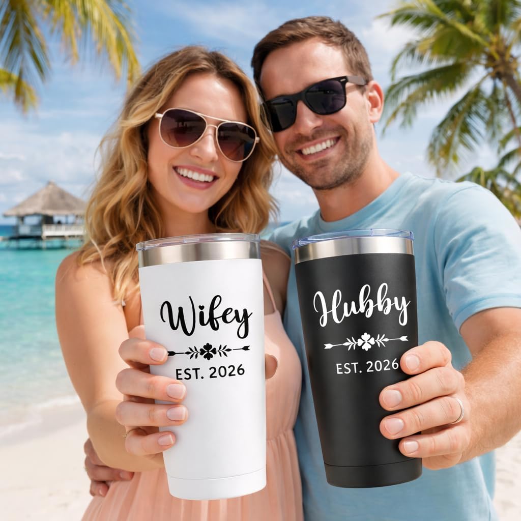 Mr and Mrs 2026 Tumbler Set of 2 - Wifey and Hubby EST 2026 Wedding Gifts for Couples - 20oz Vacuum Insulated Stainless Steel Travel Mug for Bride and Groom - Engagement, Anniversary, Honeymoon Gift