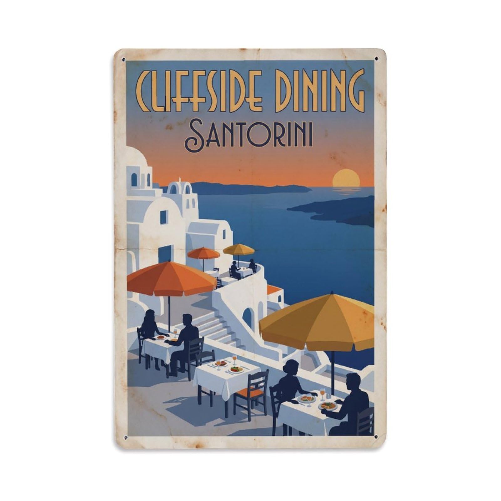 Gead 8X12inch Style Vintage Travel Santorini Cliffside Dining Metal Tin Sign