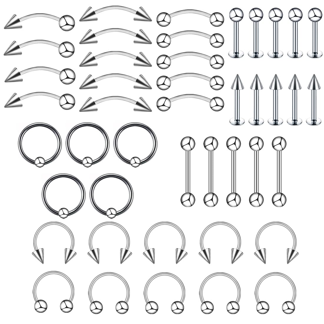 SULIUDAJIJuego de Piercing de 40 Piezas Cuerpo de Acero quirúrgico Piercing Stud Barbell para ceja Lengua Nariz Oreja Pezón Pezones Ceja Hélice Trago Cartílago Anillo Unisex