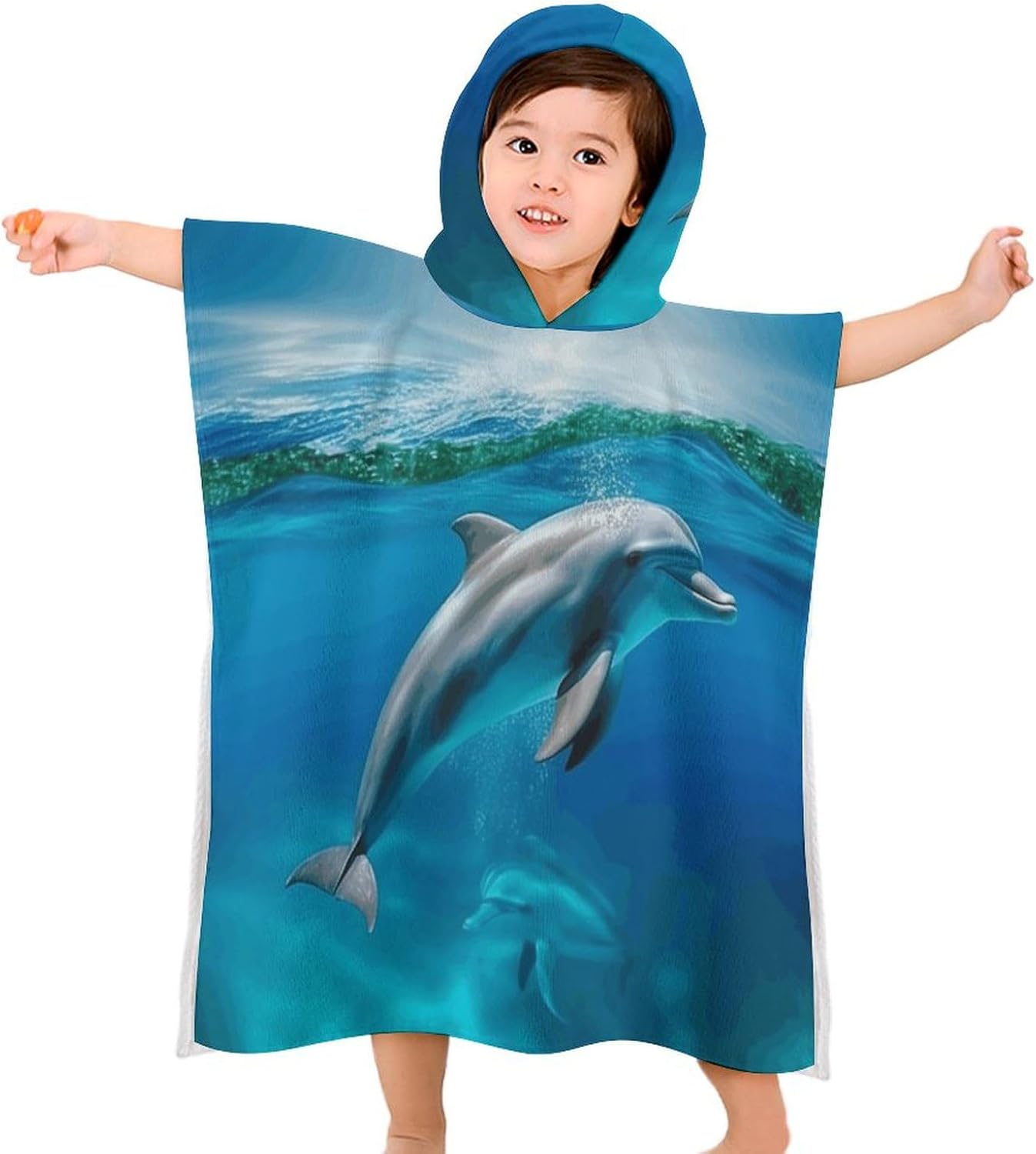 Kids Bath Towel Kids Hooded Beach Towel Kids Pool Towel Swimming Dolphin in Blue Sea Printed Kids Beach Towel for Boys Girls Soft Absorbent Quick Dry Beach Swim Pool Towel