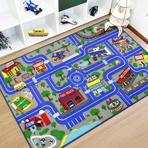 Capslpad Kids Play Rug Town City Road Car Mat 100x160cm Non-Slip Kid Carpet Playmat Machine Washable Exercise Mat Short Pile Learning Educational Area Rug for Kids Room Toddler Playroom Decor, Blue