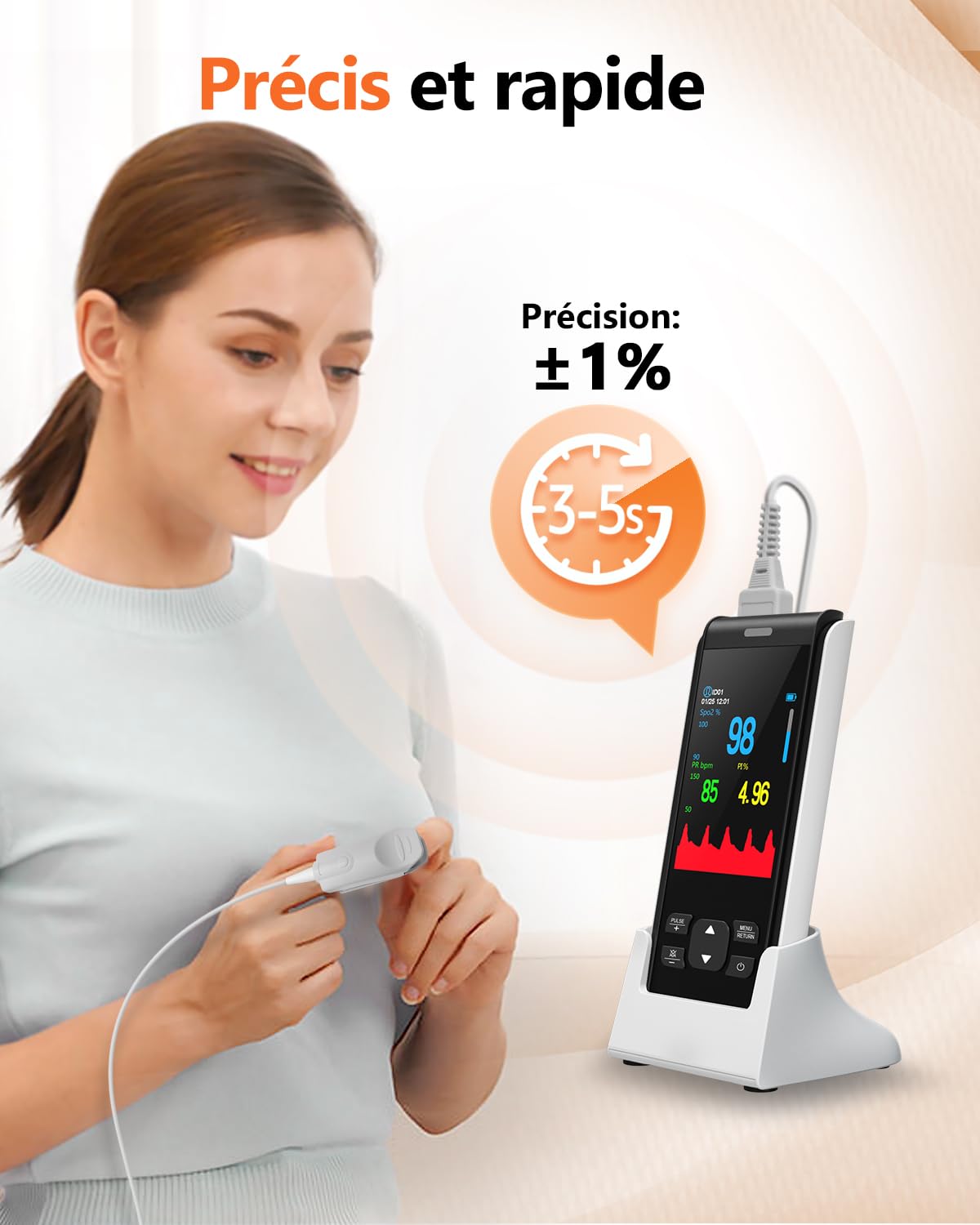 HealthTree Oxymètre de pouls rechargeable du bout des doigts, oxymétrie de pouls, moniteur de saturation en oxygène du sang avec SpO2 et fréquence du pouls, pour adultes à la maison, en voyage