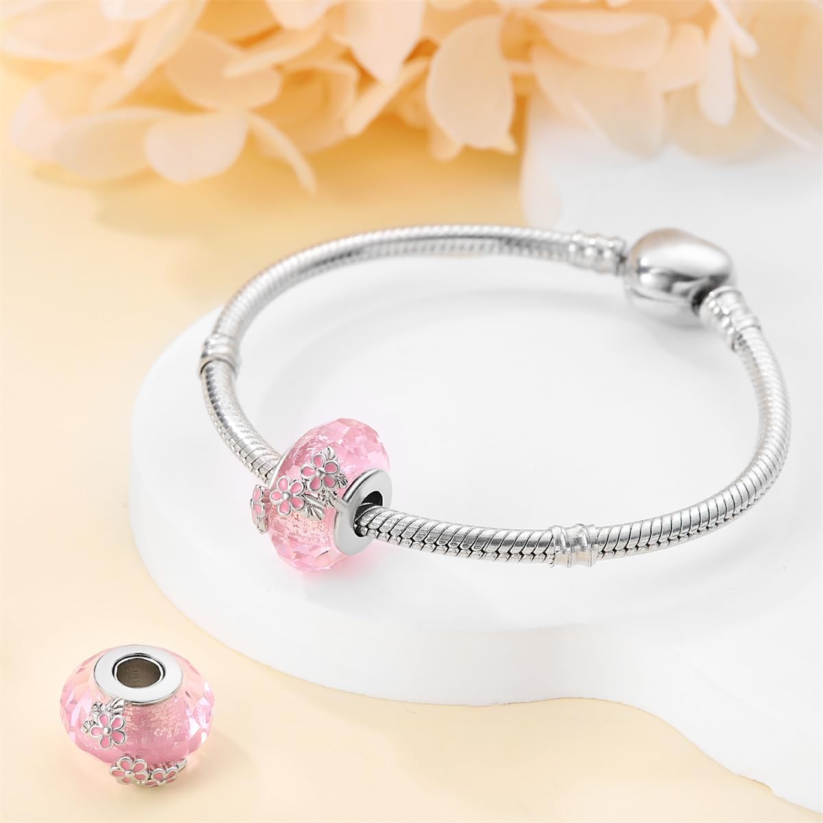 LNQOBU Murano Glass Charms for Bracelet 925 Sterling Silver Dangle Pendant Bead,Heart Shaped Round Charms for Woman Bracelets and Necklaces - Image 2