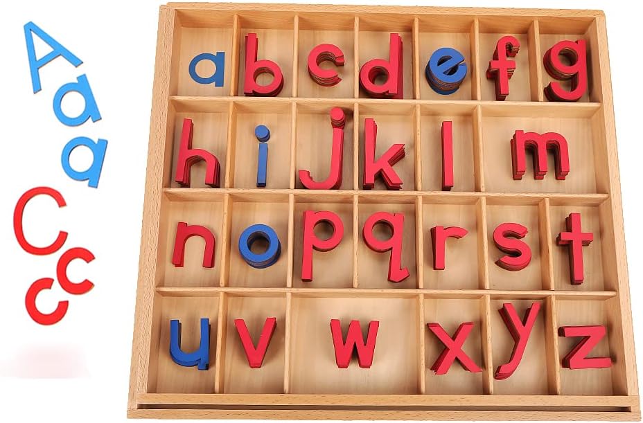 JE JOUE Montessori Letter Work Learning Materials Wooden Small moveable Alphabet Language Objects with Box (Red & Blue)