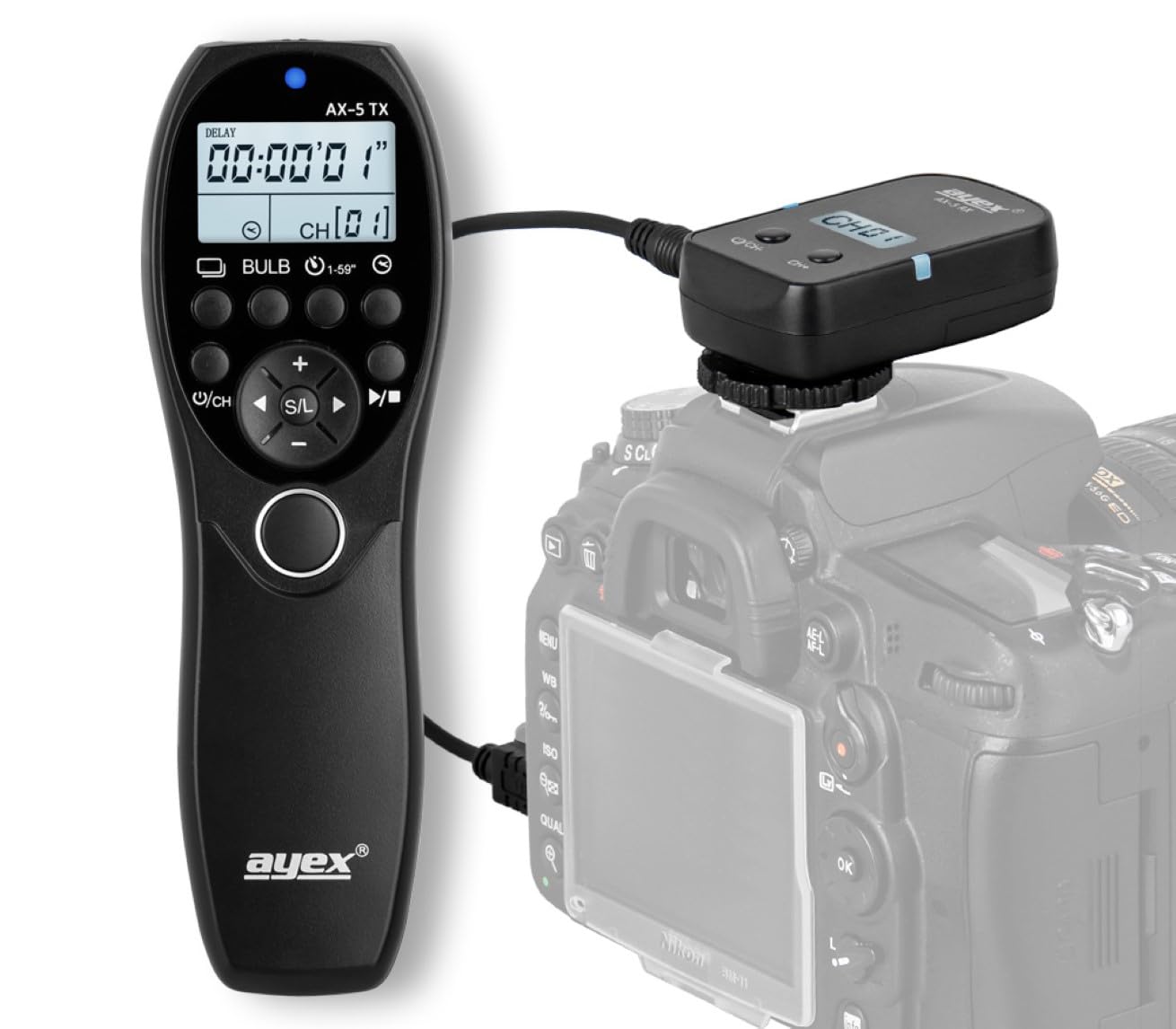 ayex AX-5 Timer zdalny wyzwalacz radiowy kompatybilny z Sony USB-C A7C II A7C R A7 V A6700 interwałowy timer Bulb Delay 2,4 GHz zasięg 100 m LCD 32 kanały