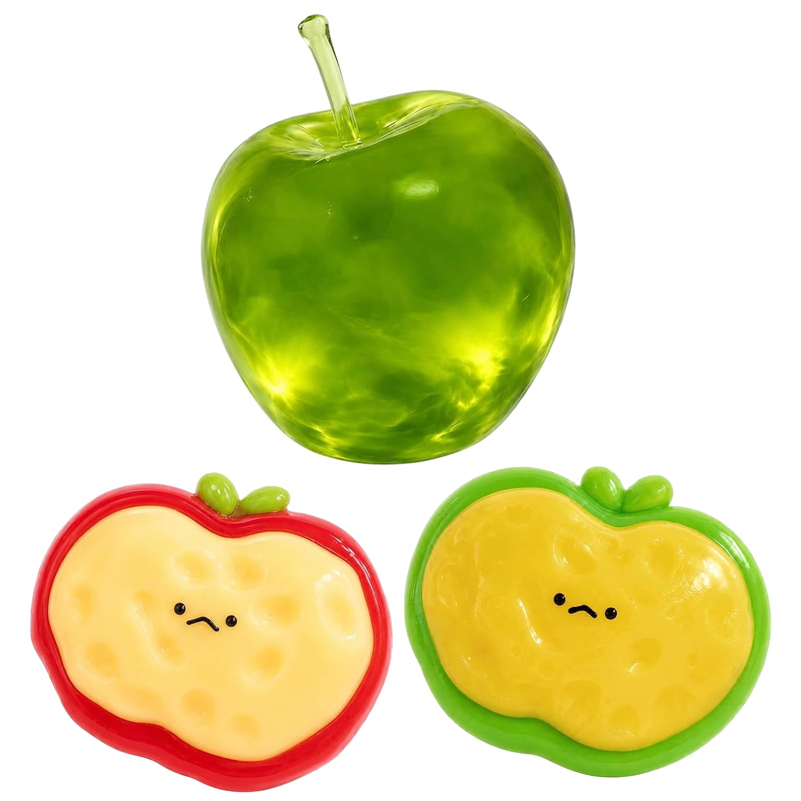 3Pcs Apple Squishy Set, Green Apple and Smiley Apple Squishies, Portable Squeeze Set for Quiet Hand Activity, Green and Red Apple Squishy Set
