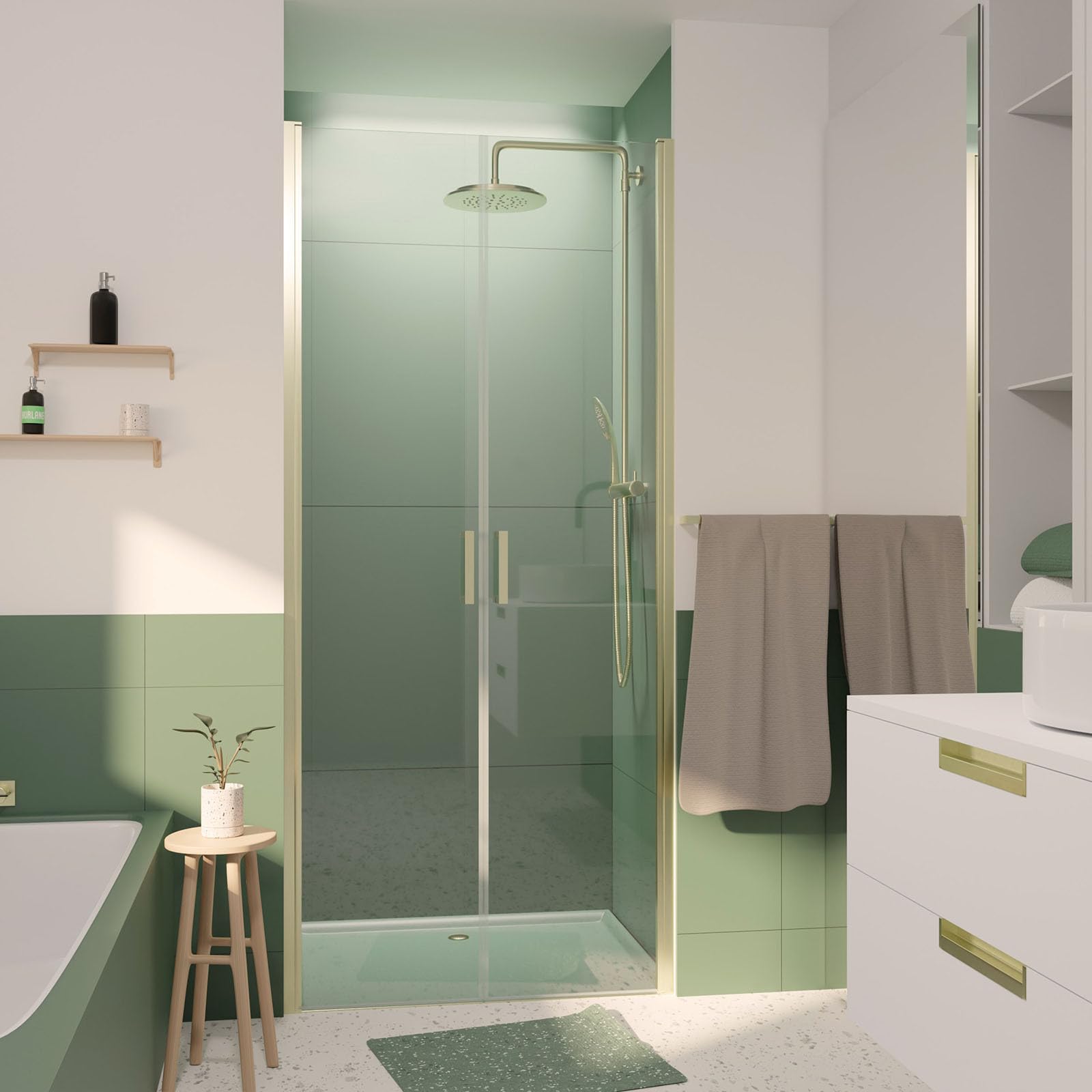 Porte de Douche Double Battant 90x200cm - Verre Trempé Transparent 6mm - Profil Or Doré Brossé