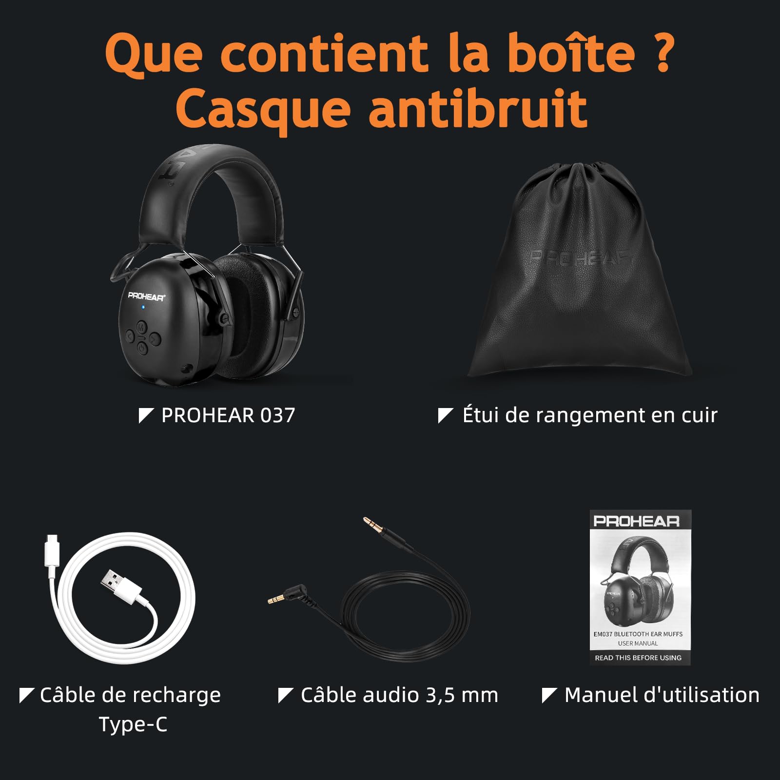 PROHEAR 037 Bluetooth 5.4 Casque Anti Bruit, Musique Protection Auditive Rechargeable avec Sac Transport, Cache-Oreilles de Protection pour Tonte, Construction, Menuiserie, SNR 30dB - Noir