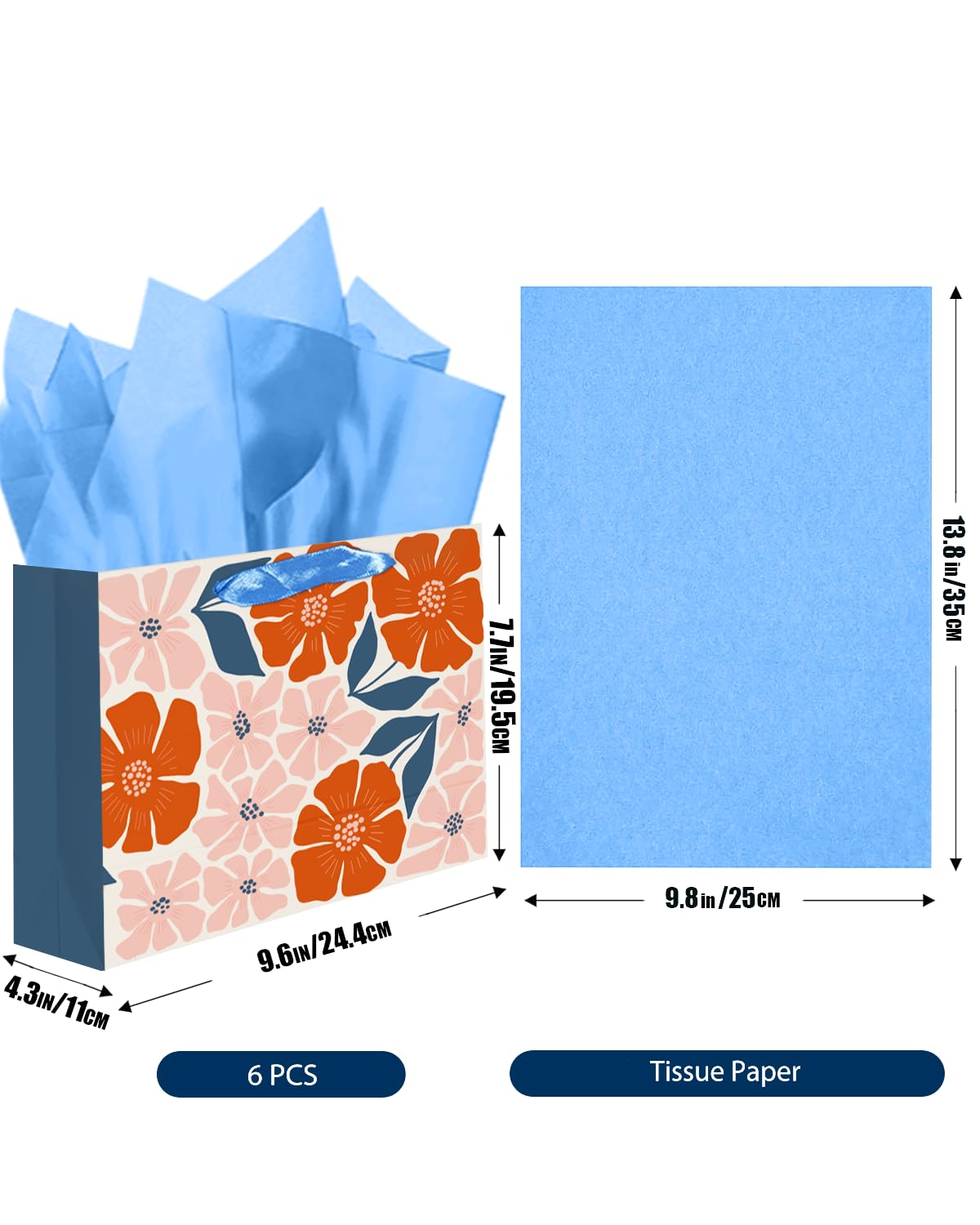 qiqee Medium Paper Gift Bags with Tissue Paper Handles 6PCS Winter Flowers Cardboard Floral Gift Bags for Women Mom Grandma Party Supply (6PCS Bags+Tissue Paper)