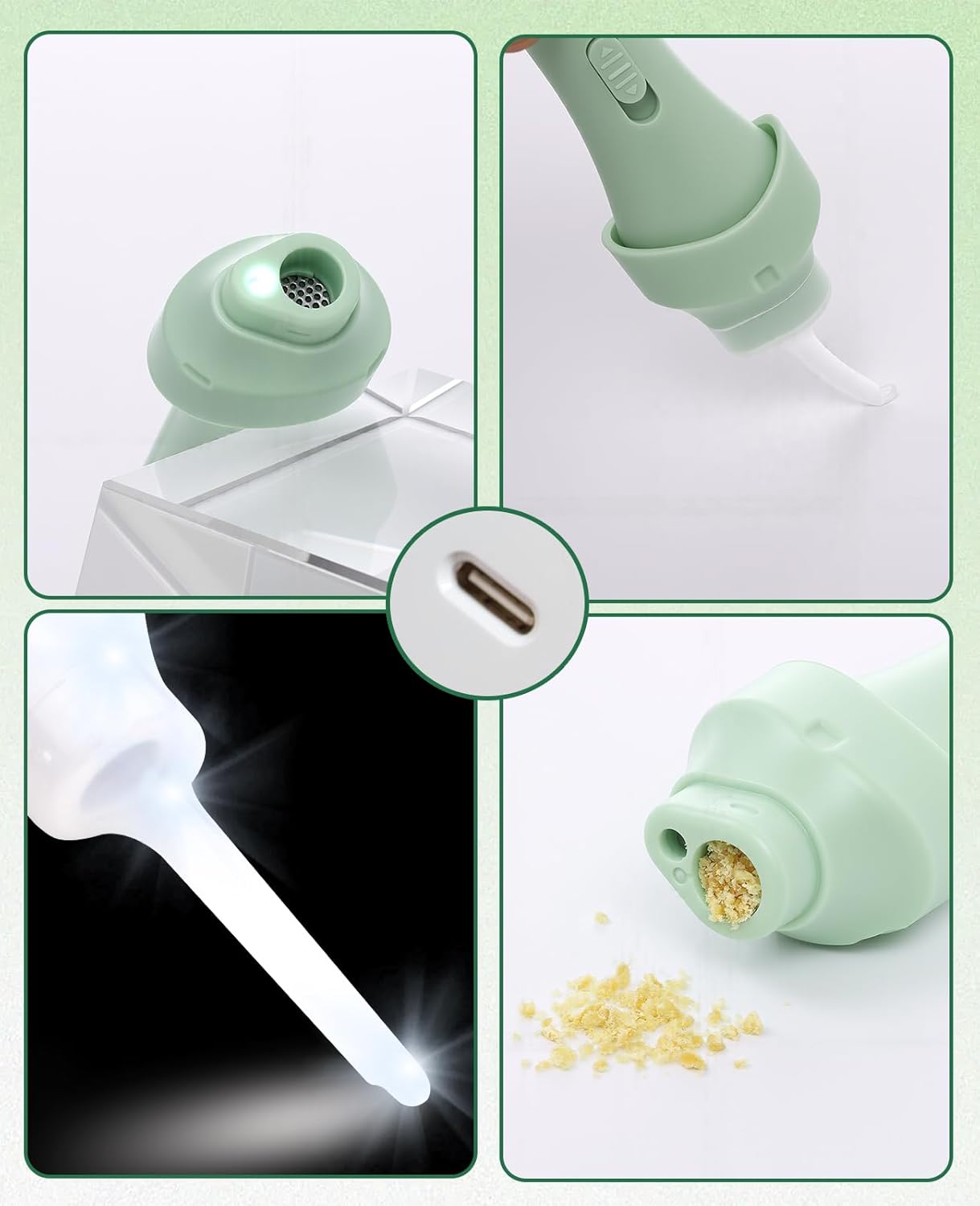Electric Ear Vacuum Ear Wax Removal Tool with LED Light for Ear Cleaning, USB Rechargeable Ear Cleaner with 4 Soft Silicone Tips, Reusable Ear Cleaning Kit for Family Use-Avocado Green