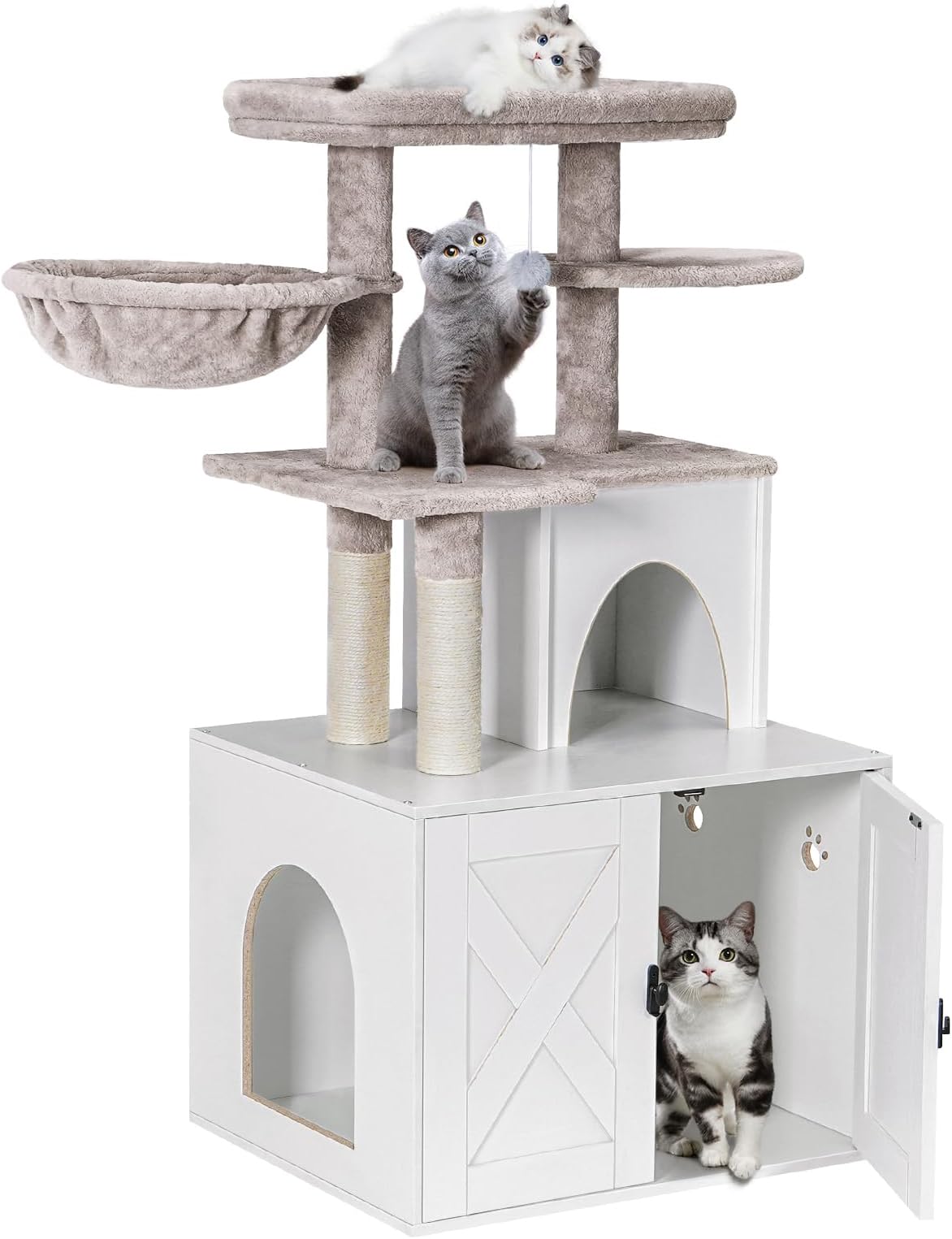 Snughome Cat Litter Box Enclosure with Cat Tree Tower and Condo, Hidden Washroom Furniture with Sisal Scratching Post and Soft Plush Perch, Wooden Cat Furniture with Multiple Platforms, White