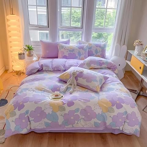 Jacoble Casa Cotton Kids Bedding Set for Girls - Cute Bunny Duvet Cover, Pillow Case, and Flat Sheet Purple (Fitted Sheet, Full) Cover