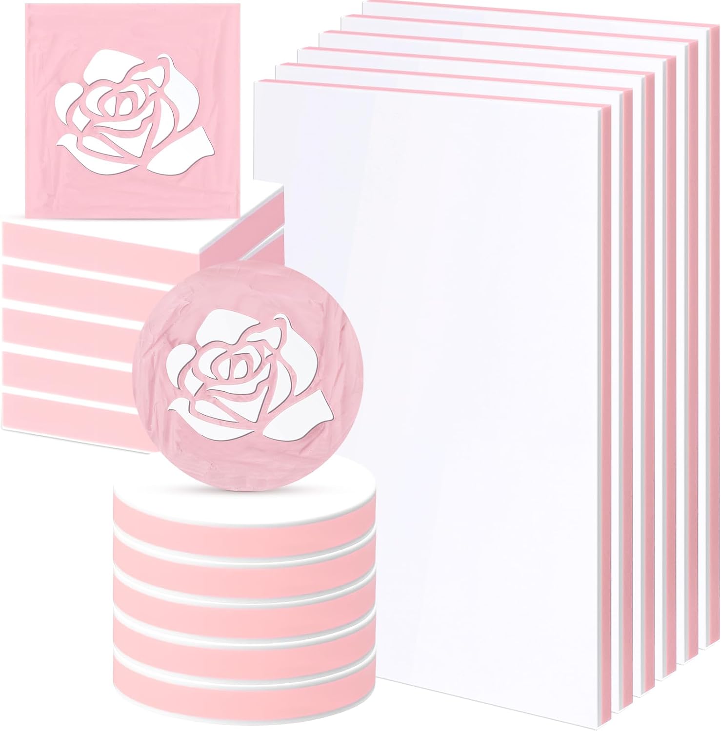 Innconee 18 Pcs Rubber Stamp Carving Blocks Linoleum Blocks 4"x6" and 2"x2" Round Square Rectangle Block Carving Kit for Stamp Crafts DIY Project (Pink and White)