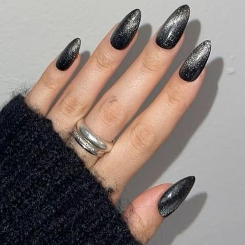 Black Glitter Press on Nails Short Almond Fake Nails Black