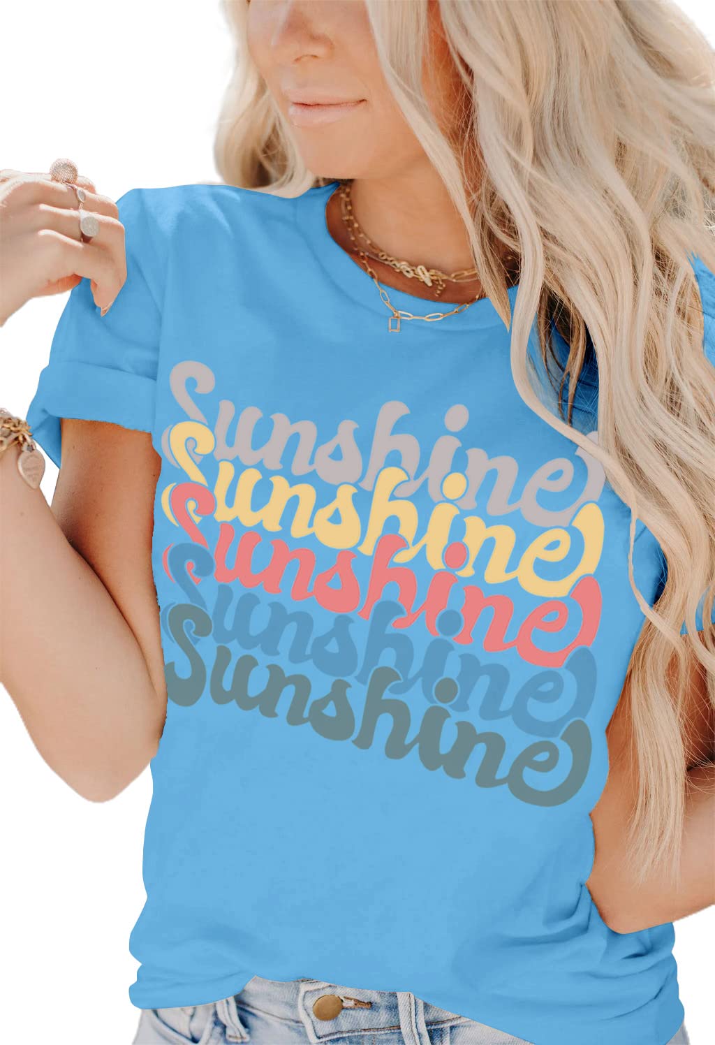 INFITTY Womens Funny Letters Print T Shirts Short Sleeve Shirts Cute Sunshine Graphic Tees Summer Casual Loose Tops