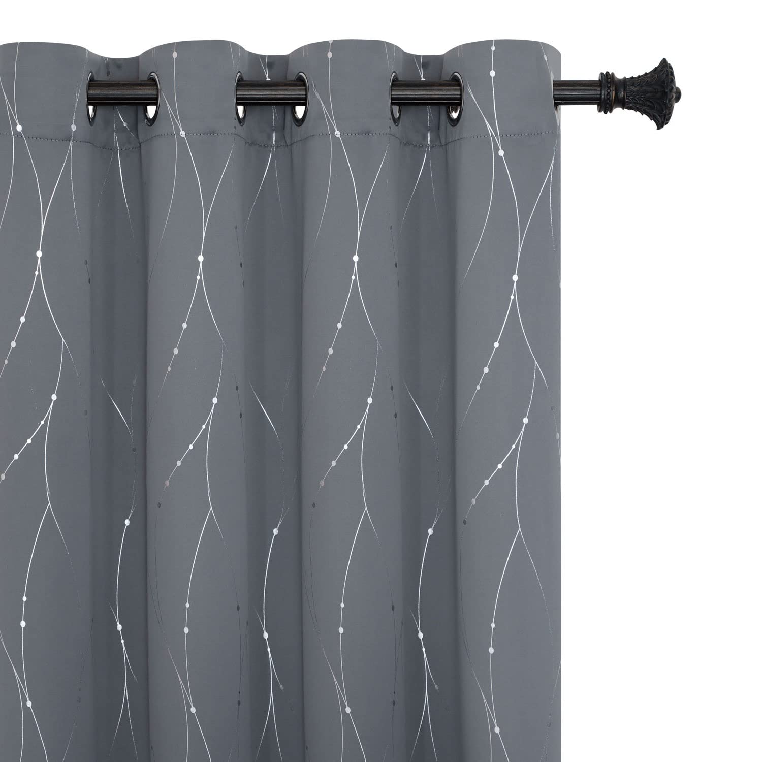 BUHUA Light Grey Blackout Curtains with Wave Line and Dots Printed Grommet Top Drapes Thermal Insulated Blackout Window Curtain for Bedroom Living Room 52W×84L Inch Lenght 2 Panels