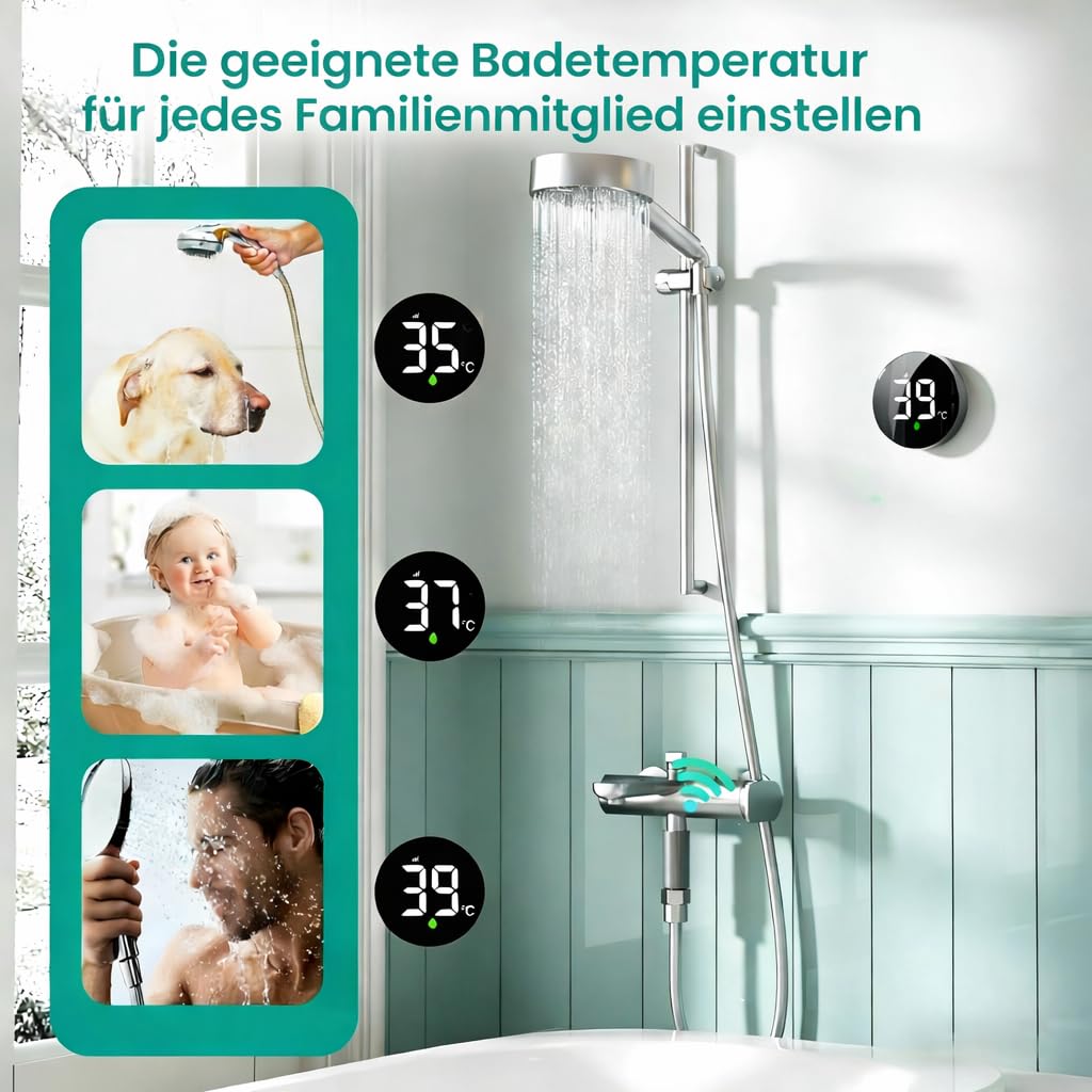 Longriver MX08 Drahtloser Duschtemperaturmonitor mit Wasserdichtem Echtzeit-Anzeige, Wasserbetriebener Sensoreinheit – Kompatibel mit Den Meisten Duschtöpfen, Zwischen °F und °C umschalten