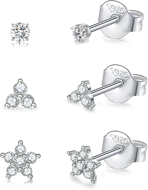 CERSLIMO Silver Stud Earrings for Women Girls, Tiny Flower Earrings Set | Small Cubic Zirconia Helix Earrings Dainty Tragus Cartilage Trio Studs Cherry Blossom Ear Piercing Jewelry Gifts