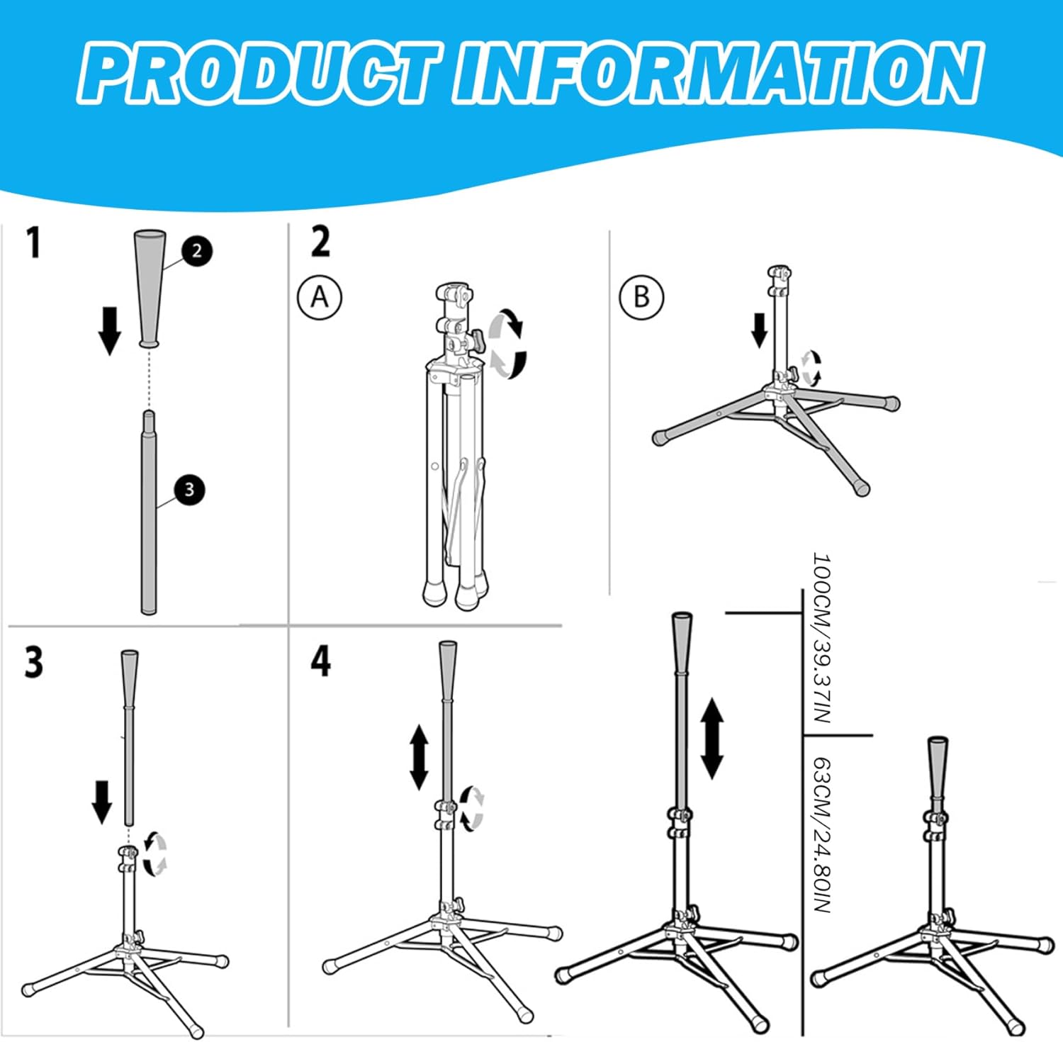 Baseball Batting Tee, 25 to 39 inches Adjustable Tripod Baseball Tees for Hitting, Portable Kids Tee for Hitting Training Practice, with a Carrying Bag, Sports
