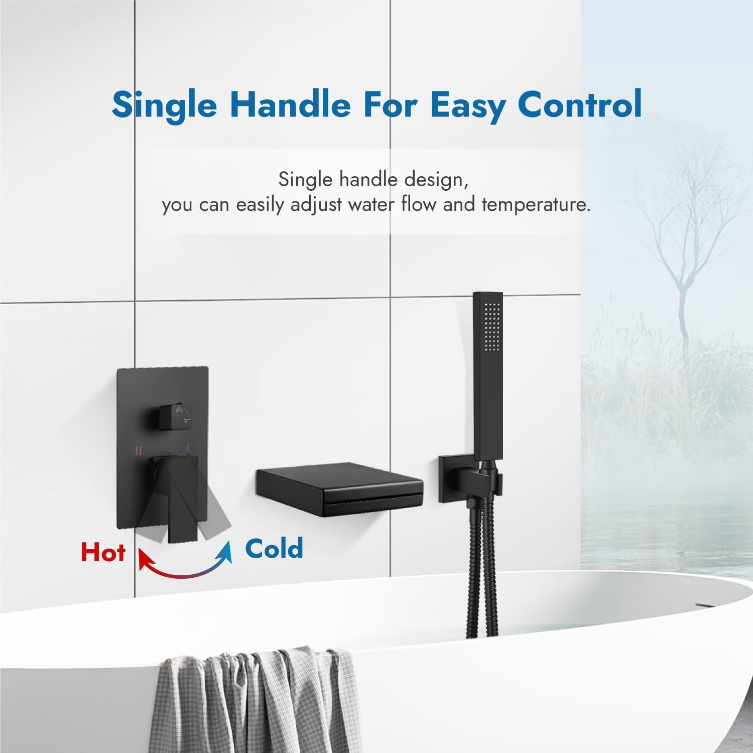 Image showing the single handle control for hot and cold water, with arrows indicating direction.