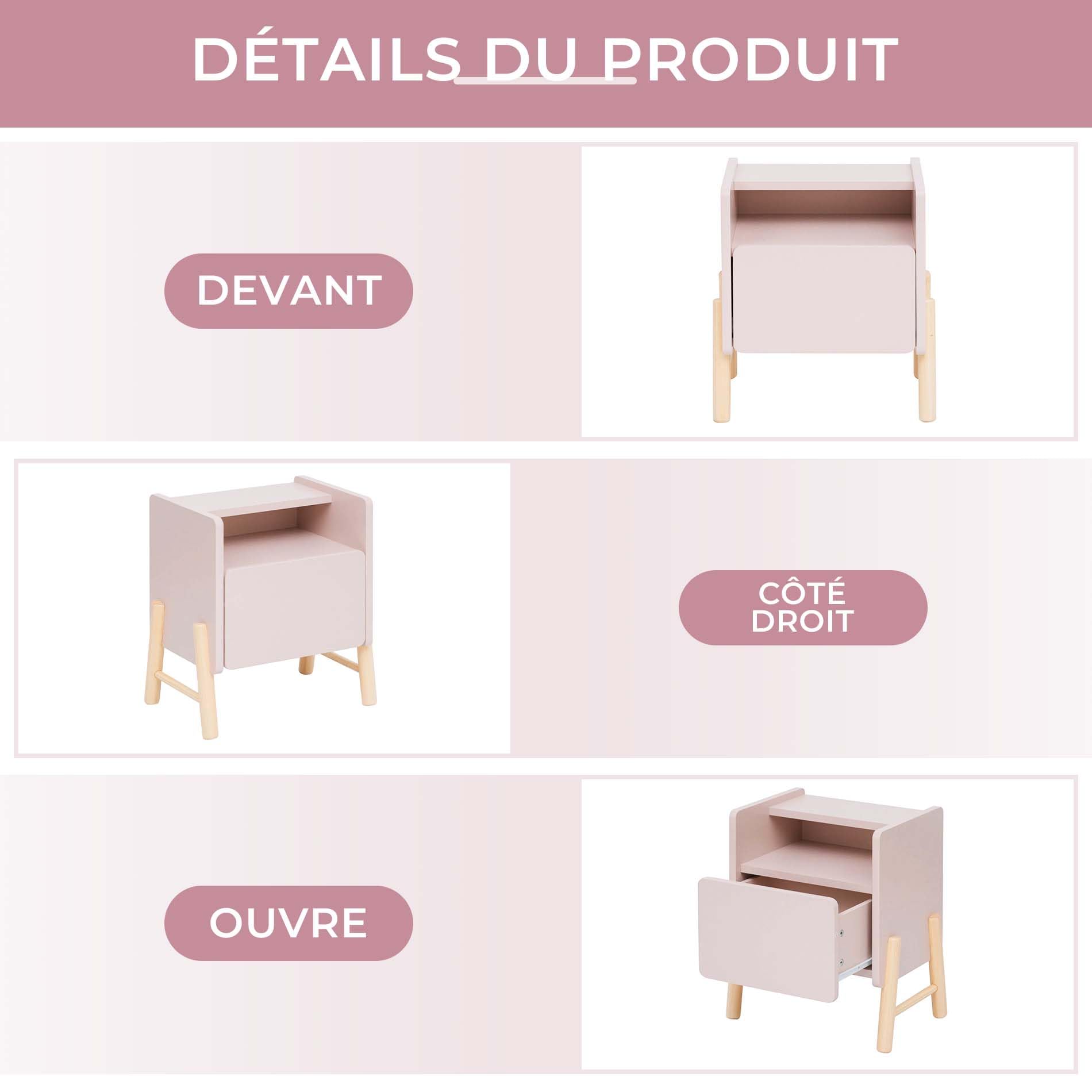 Rebecca Mobili Table de Nuit pour Chambre d'enfant, Table de Nuit Montessori, Rose Marron, MDF Pin, Stable, Chambre d'enfant - Dimensions HxLxP : 49 x 43 x 30 cm - Art. RE7129