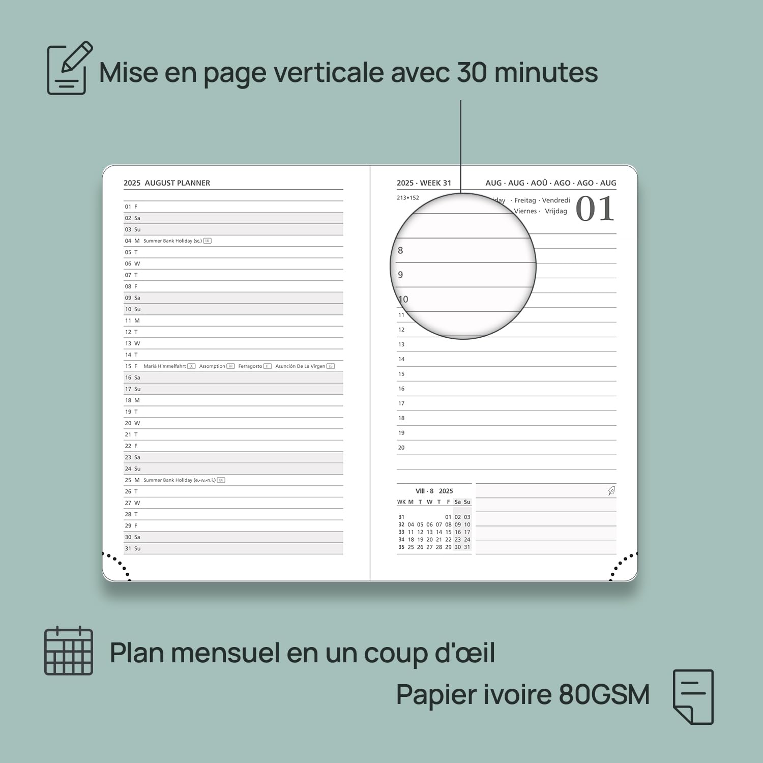 Agenda Scolaire Agenda Poche POPRUN 2025-2026 A6 - Journalier Août 2025 à Juillet 2026 Cuir Vert Organiseur Personnel 16x10.5cm