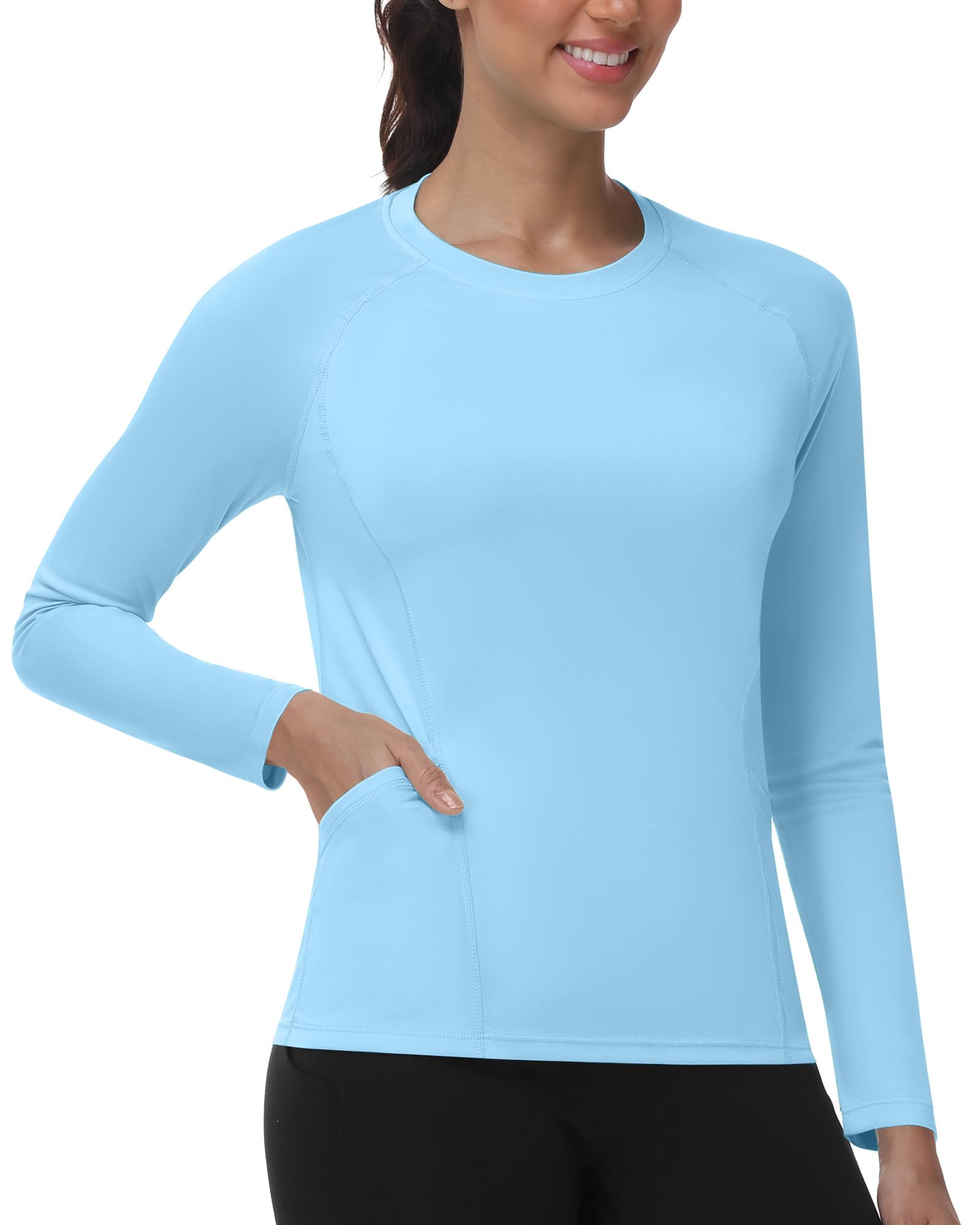 ELIRAVO UV Shirt Damen Langarm mit Taschen, UPF 50+ Sonnenschutz Rash Guard, Schwimmshirt Atmungsaktiv Schnelltrocknend Badeshirt für Fitness Gym Yoga Wasser Strand