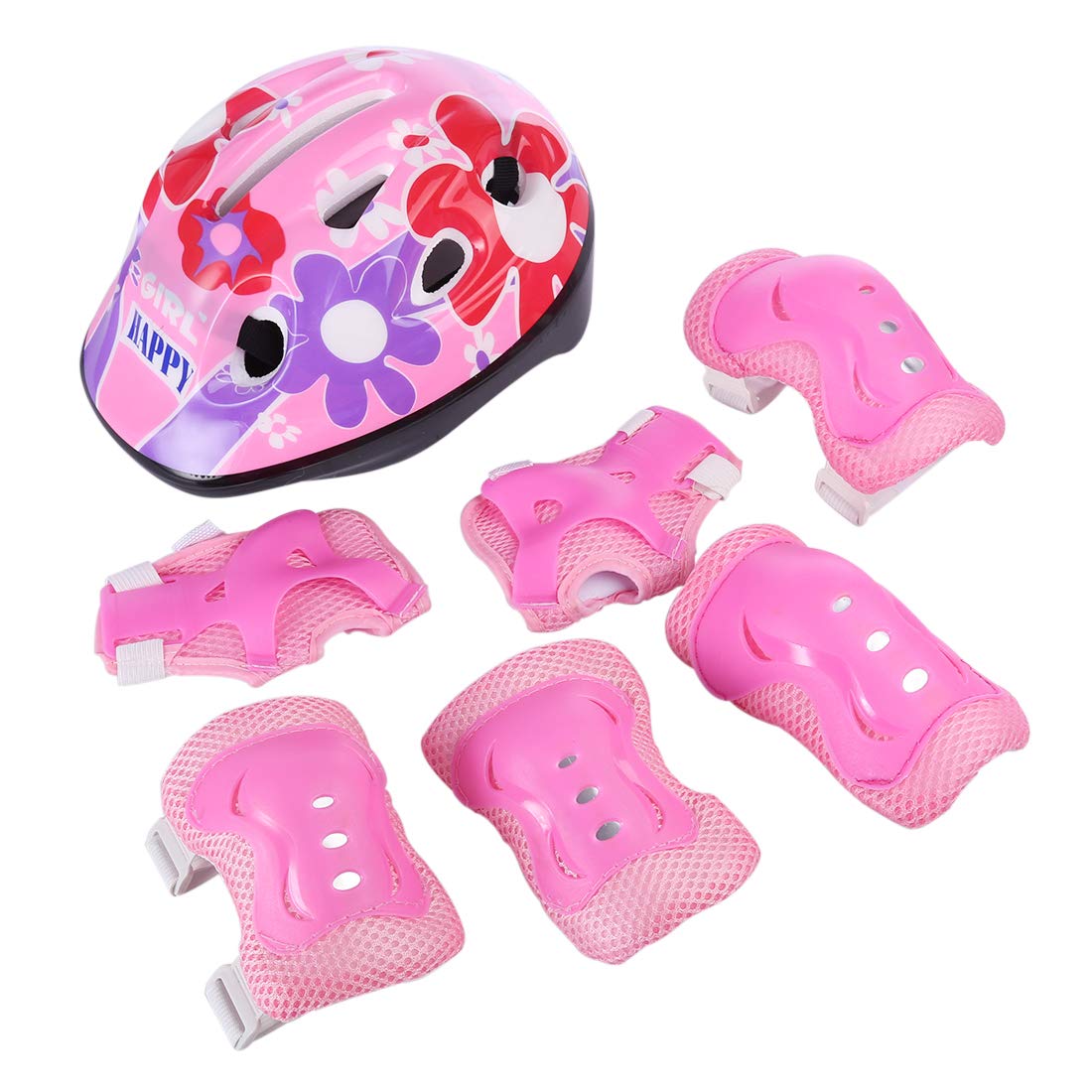 7 in 1 Ragazza Kit Protezione Set di Ginocchiere Gomitiere Polsiere Casco per Pattini a Rotella, BMX, Skateboard, Bicicletta,5-13 Anni.