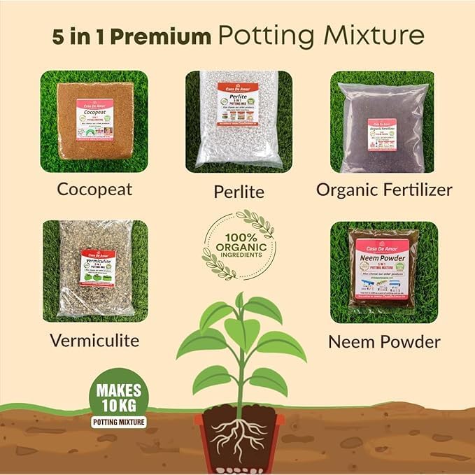 Image of Casa De Amor 5-in-1 Potting Mixture- Makes 10Kg Soil Less Mixture with Cocopeat, Vermiculite, Perlite, Neem Powder & Organic Manure for Healthy Plant Growth (Pack of 01)