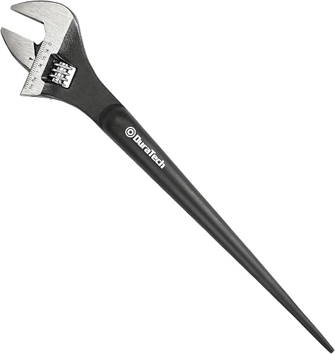 DURATECH 12-Inch Adjustable Construction Spud Wrench | Black Oxide Finish, CR-V Steel, SAE and Metric Scale Marked, Alignment Holes and Tail Crowbar Features