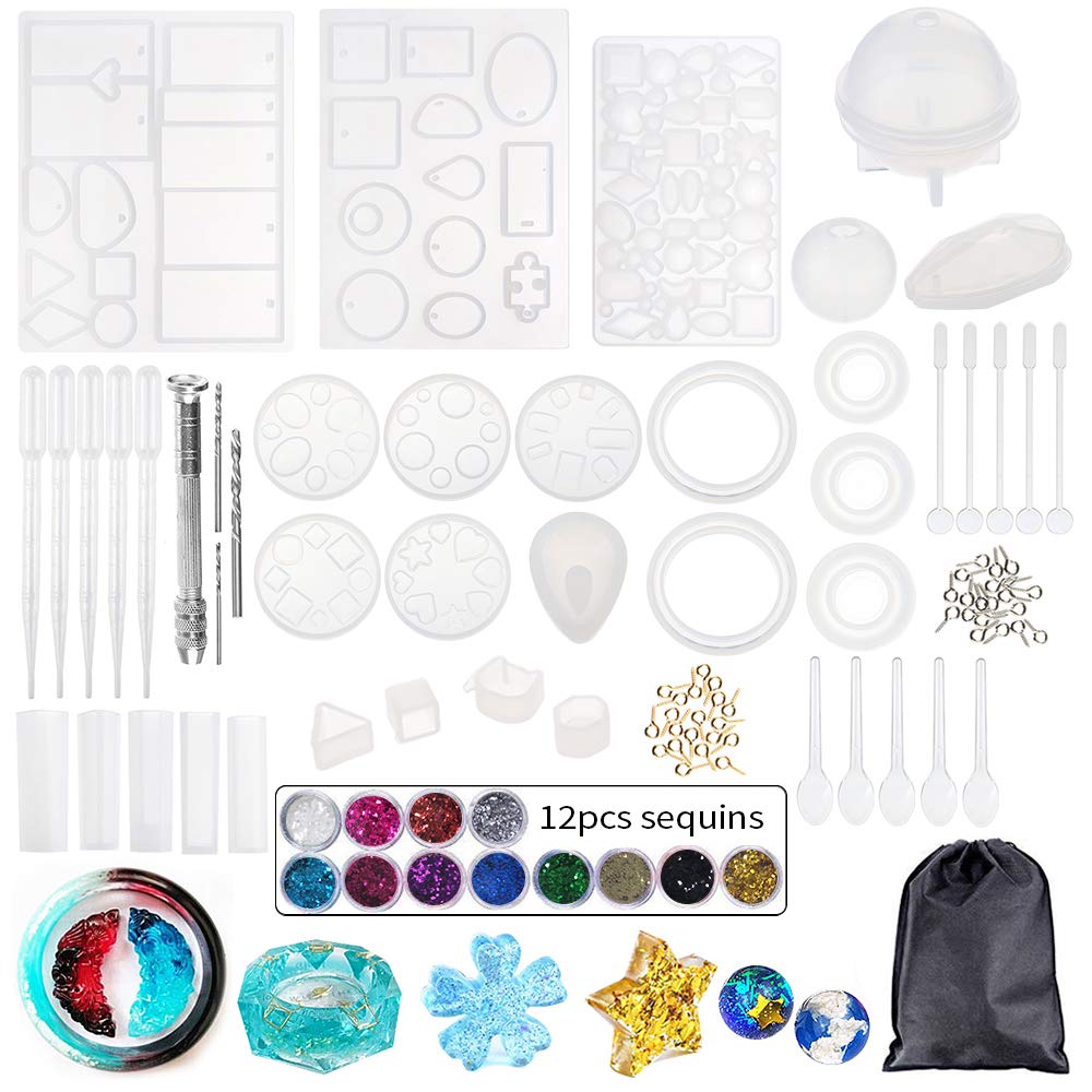 Litthing Resin Tools Kit Cup of Resin Silicone Mixing Cups with Silicone Measuring Cups Stir Stick Plastic Transfer Pipettes Pointed Sticks Finger Cots Molds DIY Jewelry Art (98Pcs)