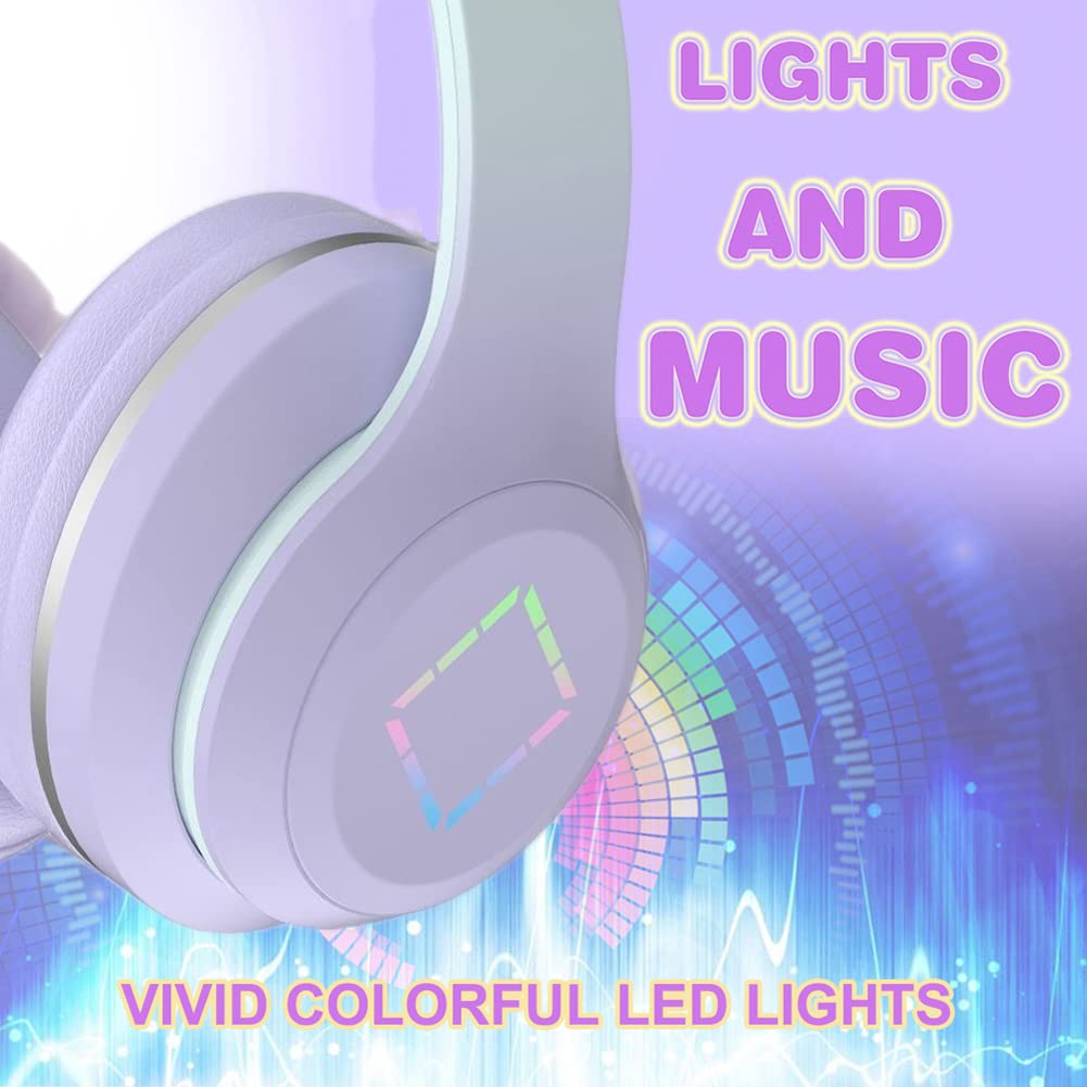 Usoun Kids Headphones,Cat Ear Led Light Bluetooth Kids Headphones with Mic,Girls Headphone Wireless,TF Card,3.5mm Audio,Wireless/Wired Foldable Kid On Ear Headphone for Boys Girls Adults (Purple) - Image 2