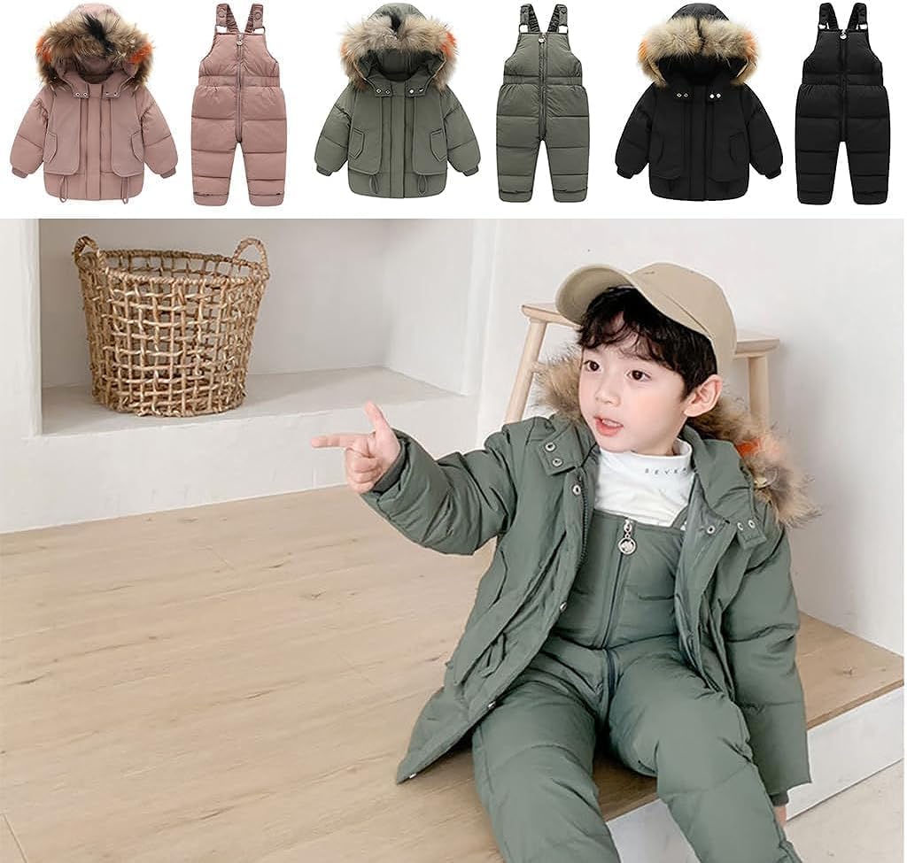 Niño De Invierno Engrosada Cálida Chaqueta De Plumas Conjunto Niños Niñas A Prueba De Viento con Bolsillos Al Aire Libre Esquí Senderismo Faux Fur Collar Chaqueta con Capucha Mono
