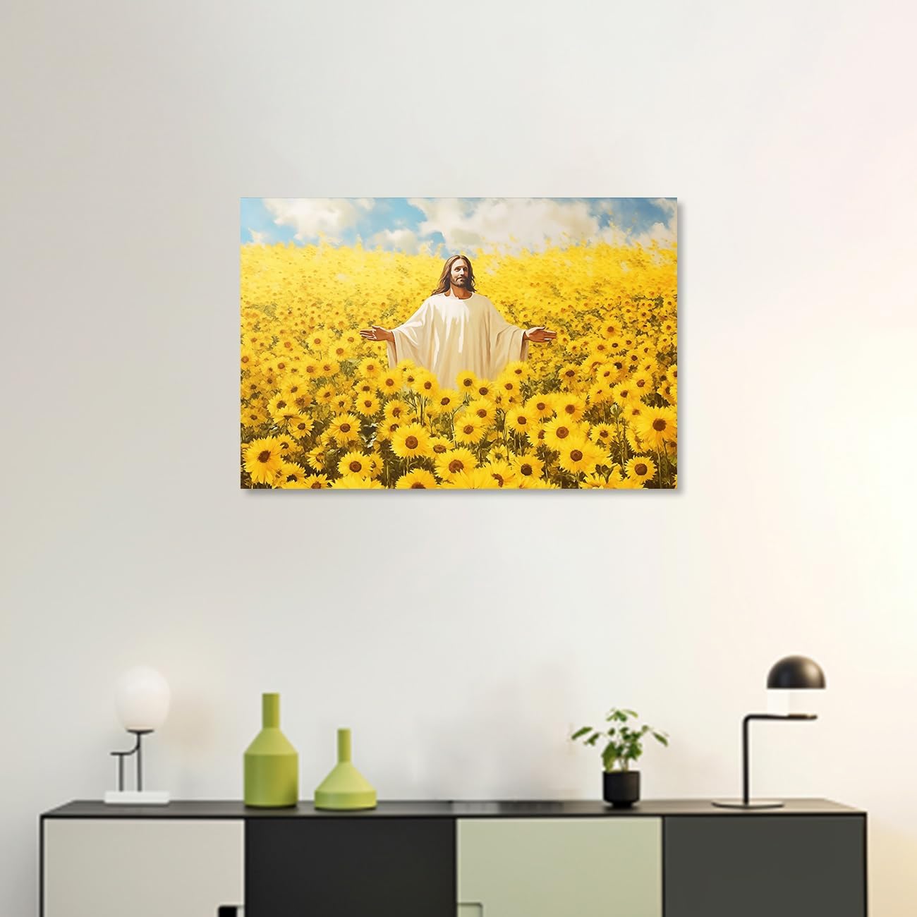 ZQQART Jesus Canvas Wall Art Jesus Poster God Stands in a Field of Sunflowers Pictures Prints God Christian Spiritual Painting Home Wall Decor (Jesus&Sunflower,12.00" x 18.00")