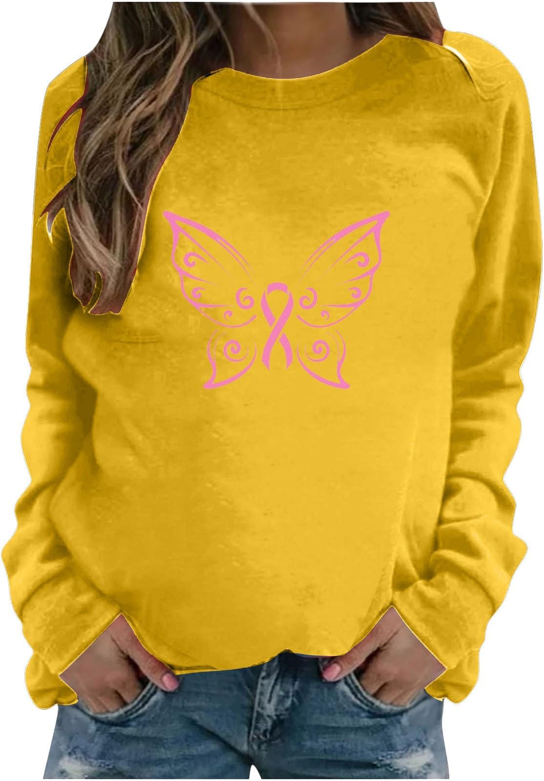 Breast Cancer Shirt for Women Long Sleeve Cute Butterfly Graphic Print Tops Baggy Crewneck Classic Cancer Fight Top