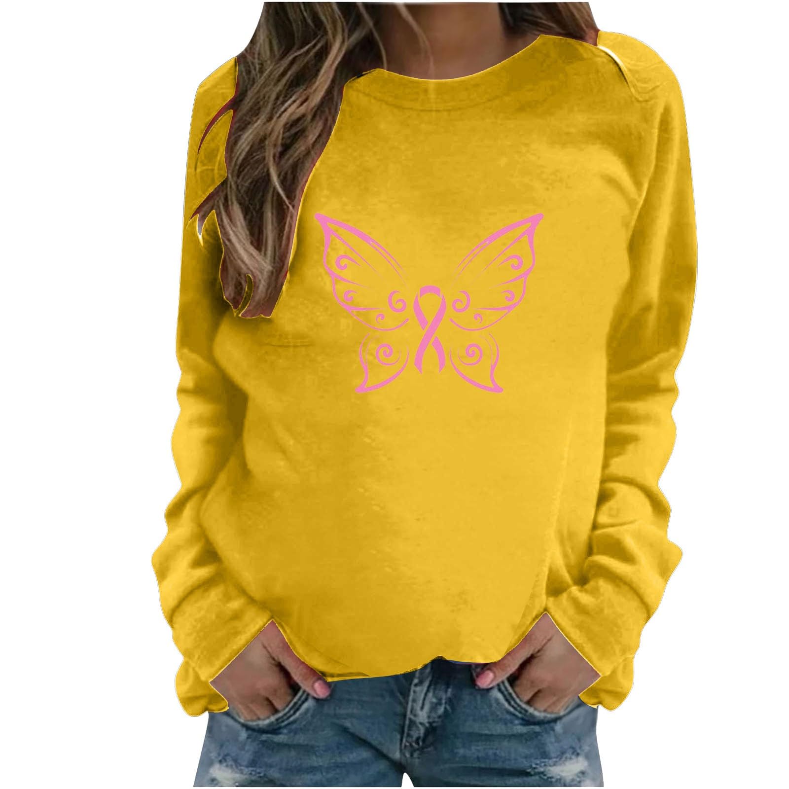 Breast Cancer Shirt for Women Long Sleeve Cute Butterfly Graphic Print Tops Baggy Crewneck Classic Cancer Fight Top