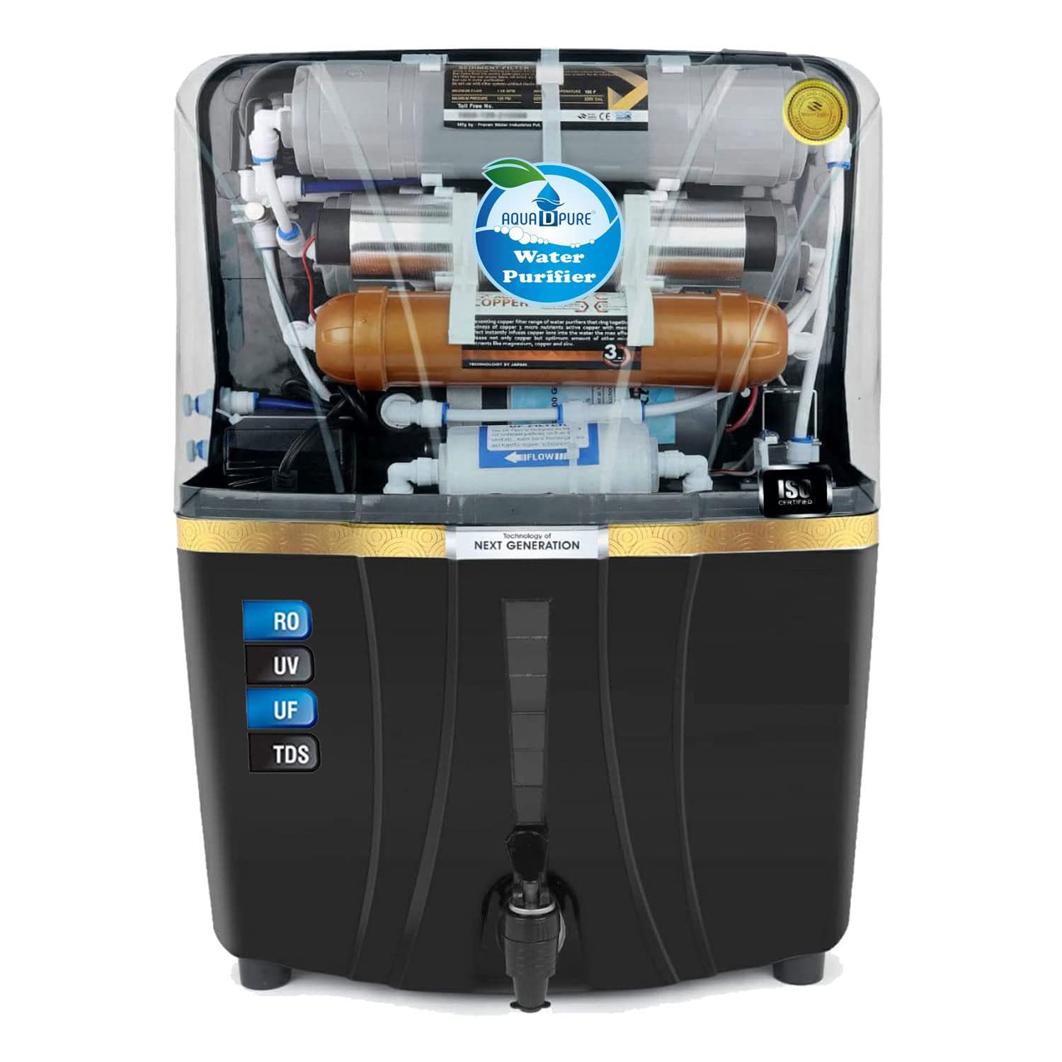 AQUA D PURE Advanced Copper RO Water Purifier with UV, UF and TDS Controller | 12Liter | Fully Automatic Function and Best For Home and Office